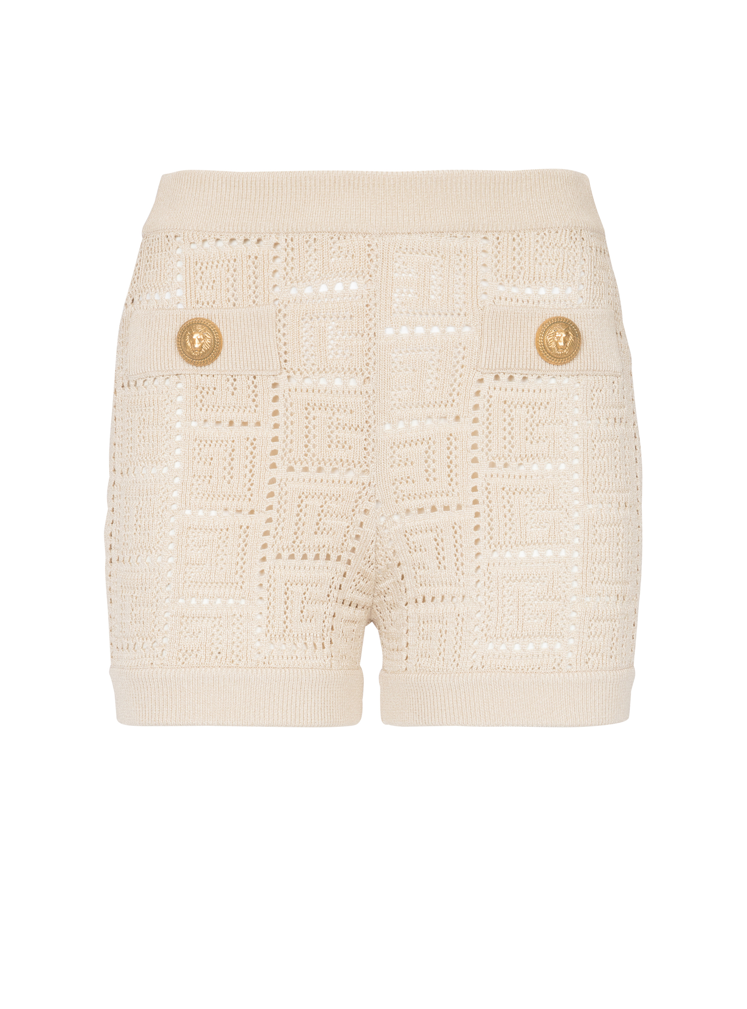 Monogrammed openwork knit mini shorts - 1