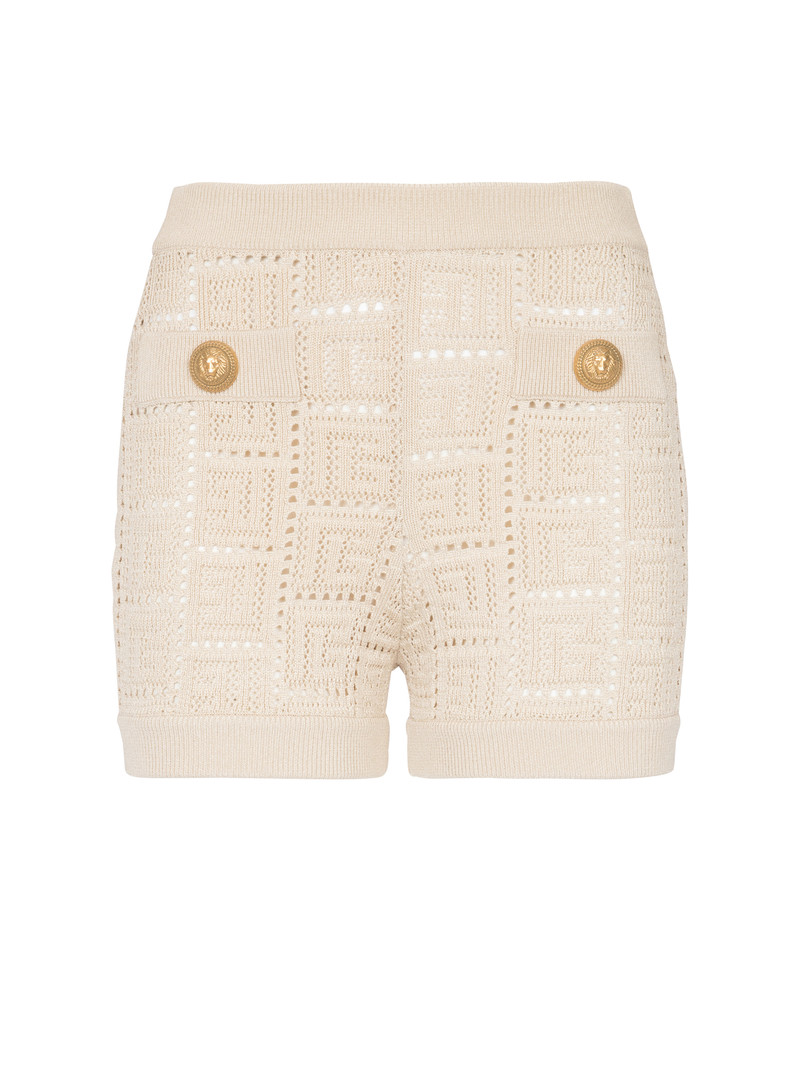 Monogrammed openwork knit mini shorts 1