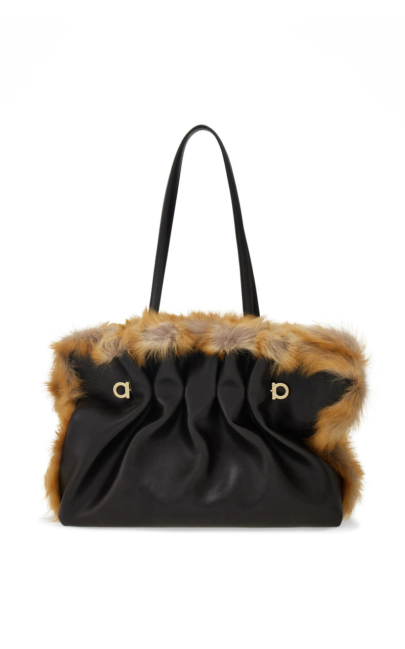 Soft Medium Shearling-Trimmed Leather Shoulder Bag black 4