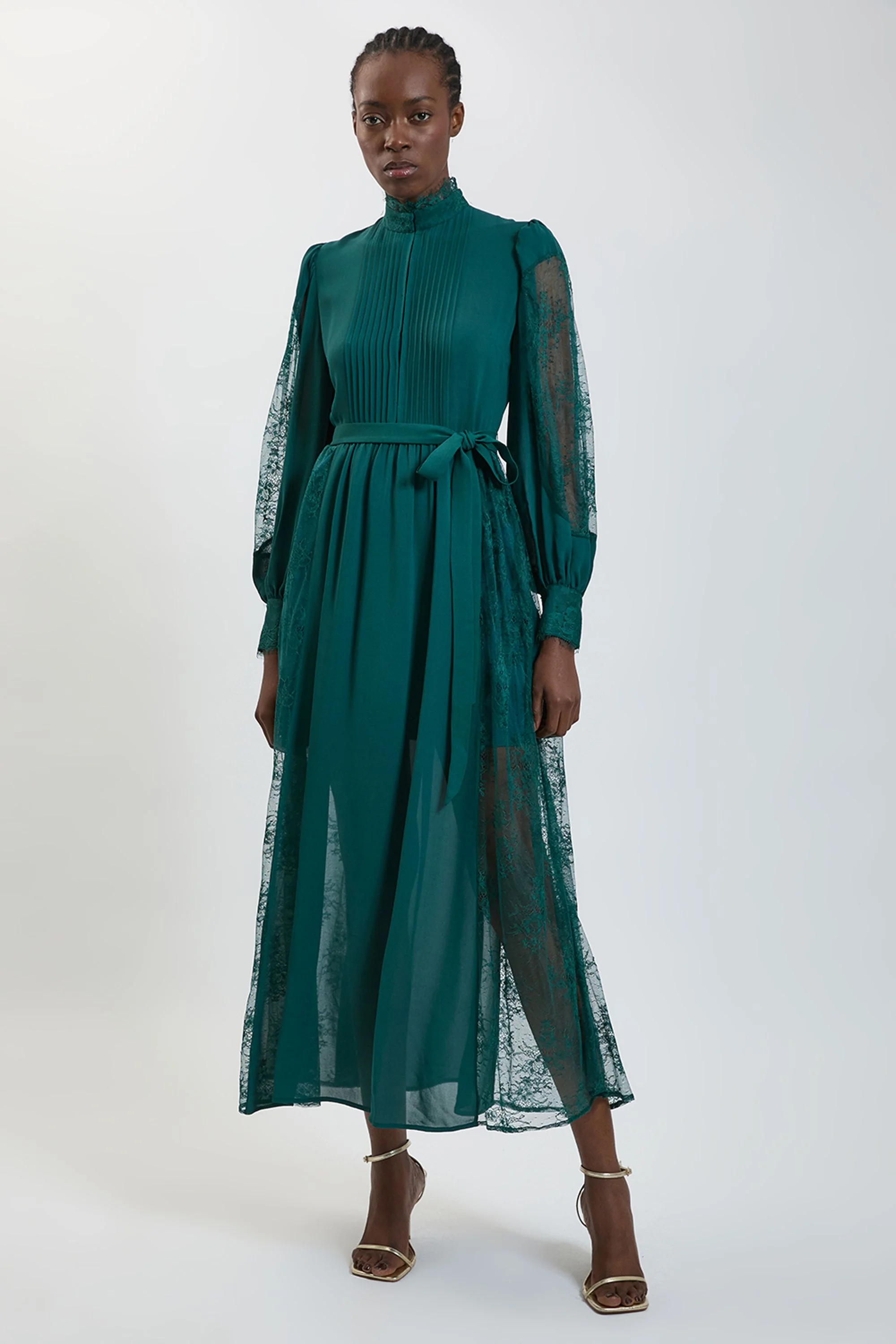 Lace Insert Pintuck Detail Midi Dress - 1