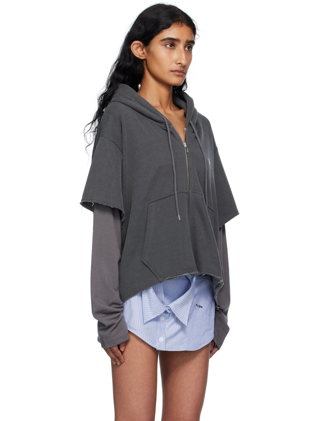 Gray Raw Edge Zip-Up Hoodie - 2