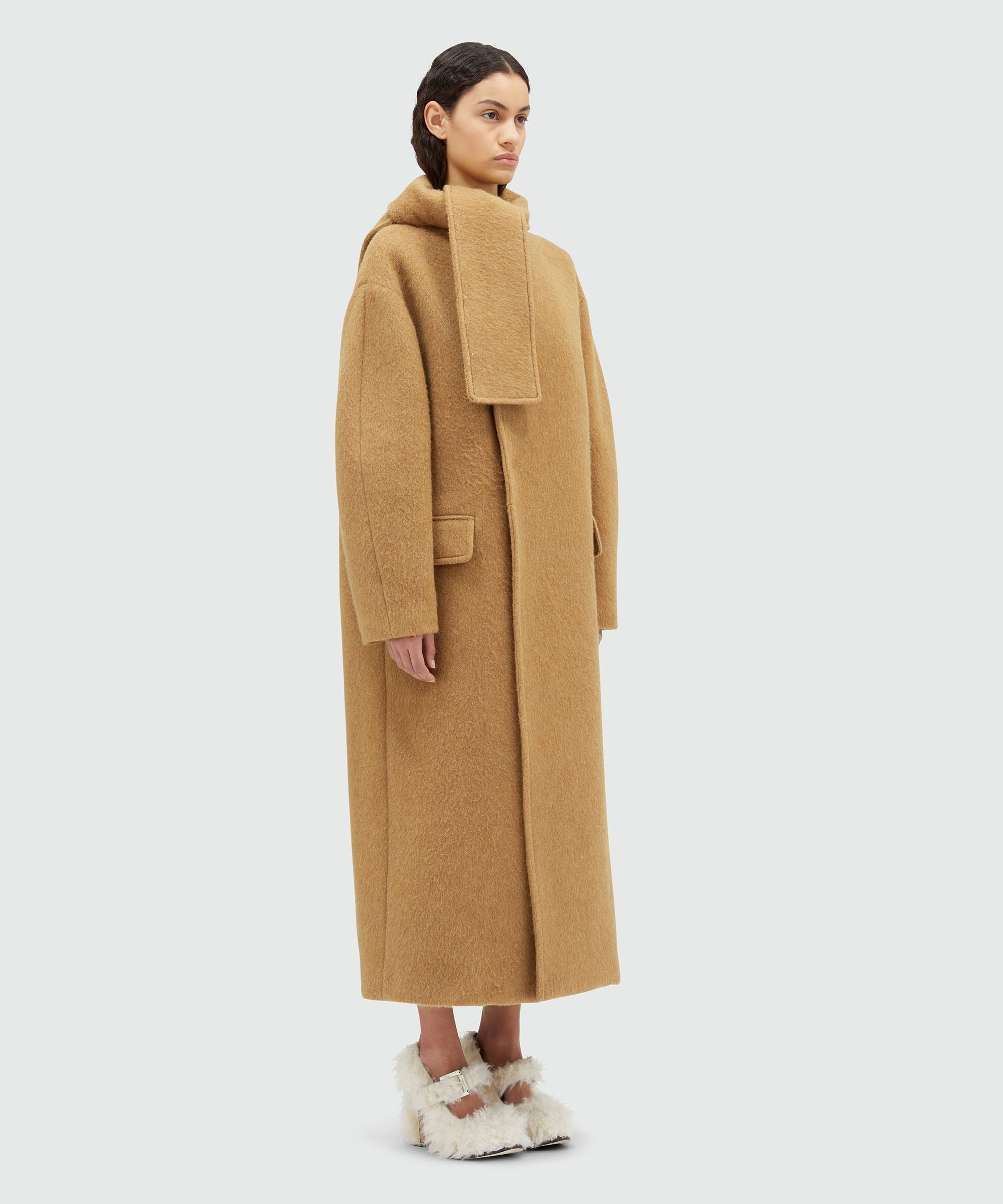 Blended wool long coat with scarfed collar - 4