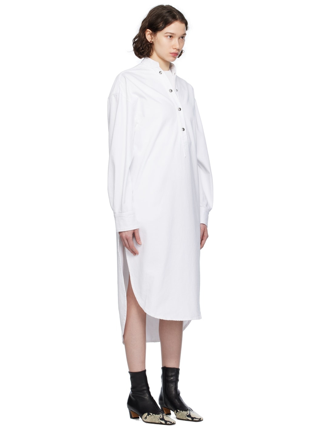 White Press-Stud Denim Midi Dress - 2