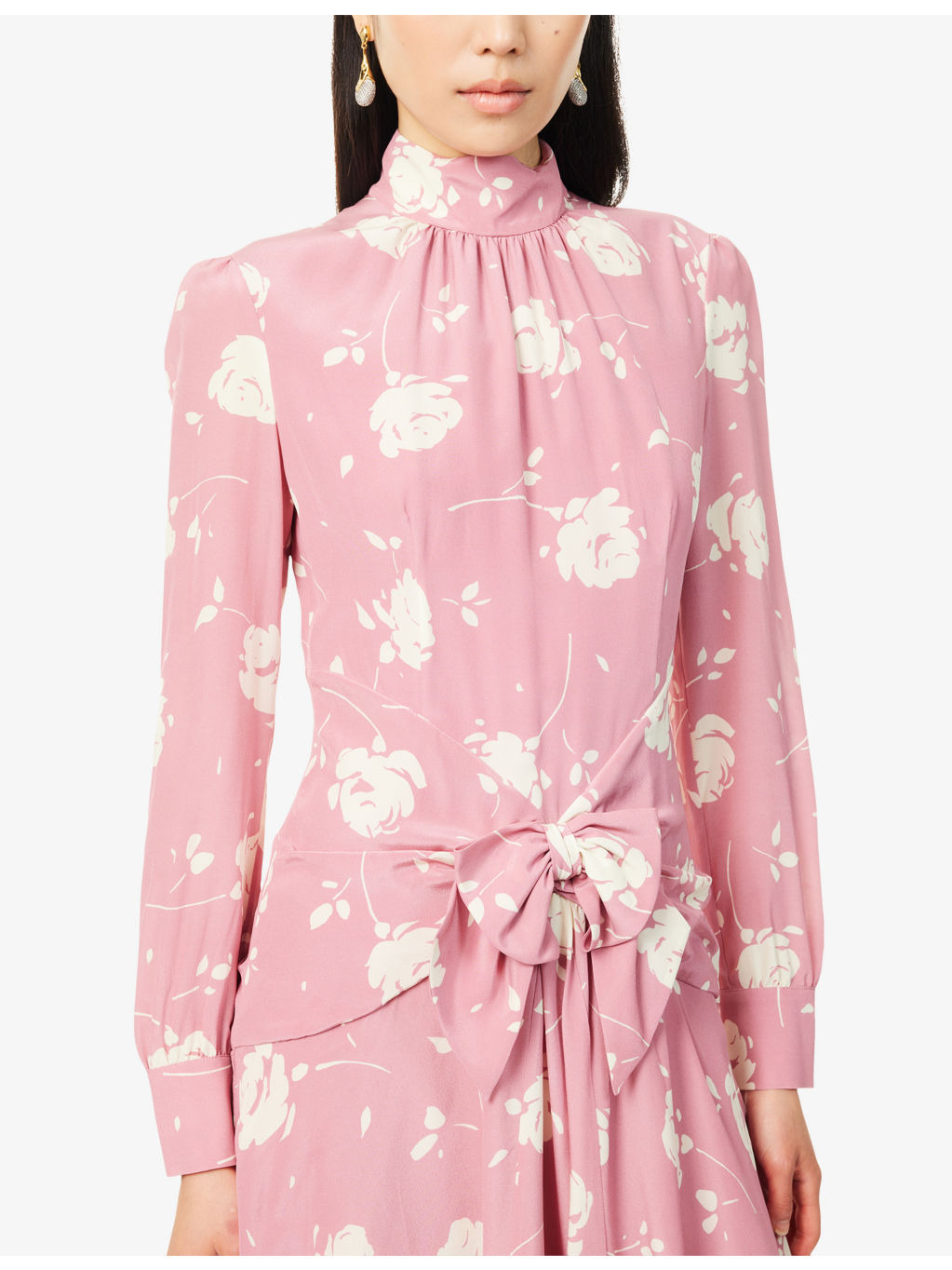 Floral High-Neck Silk Midi Dress - 5
