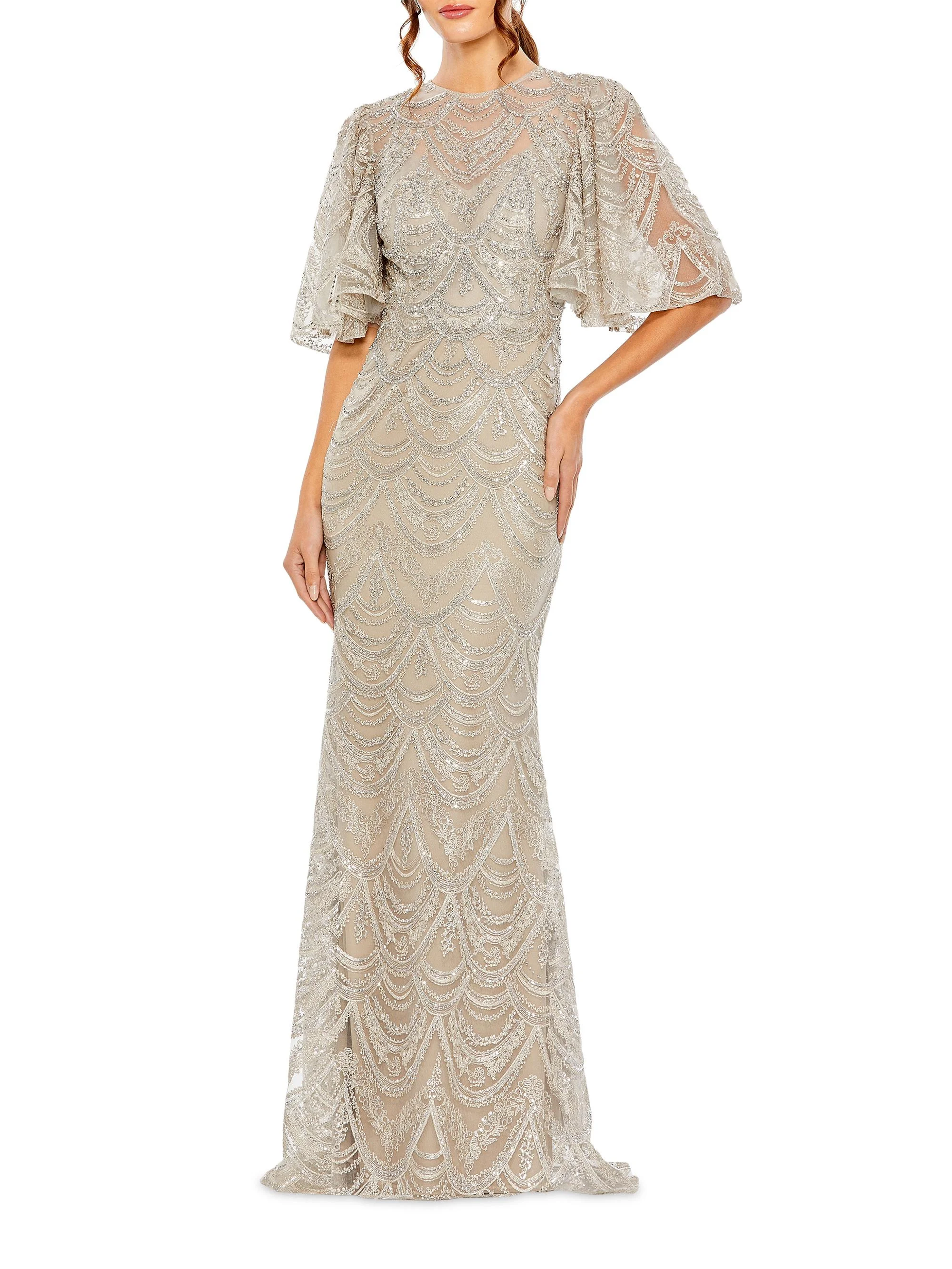 Women's Embroidered Lace Gown - Taupe - 1