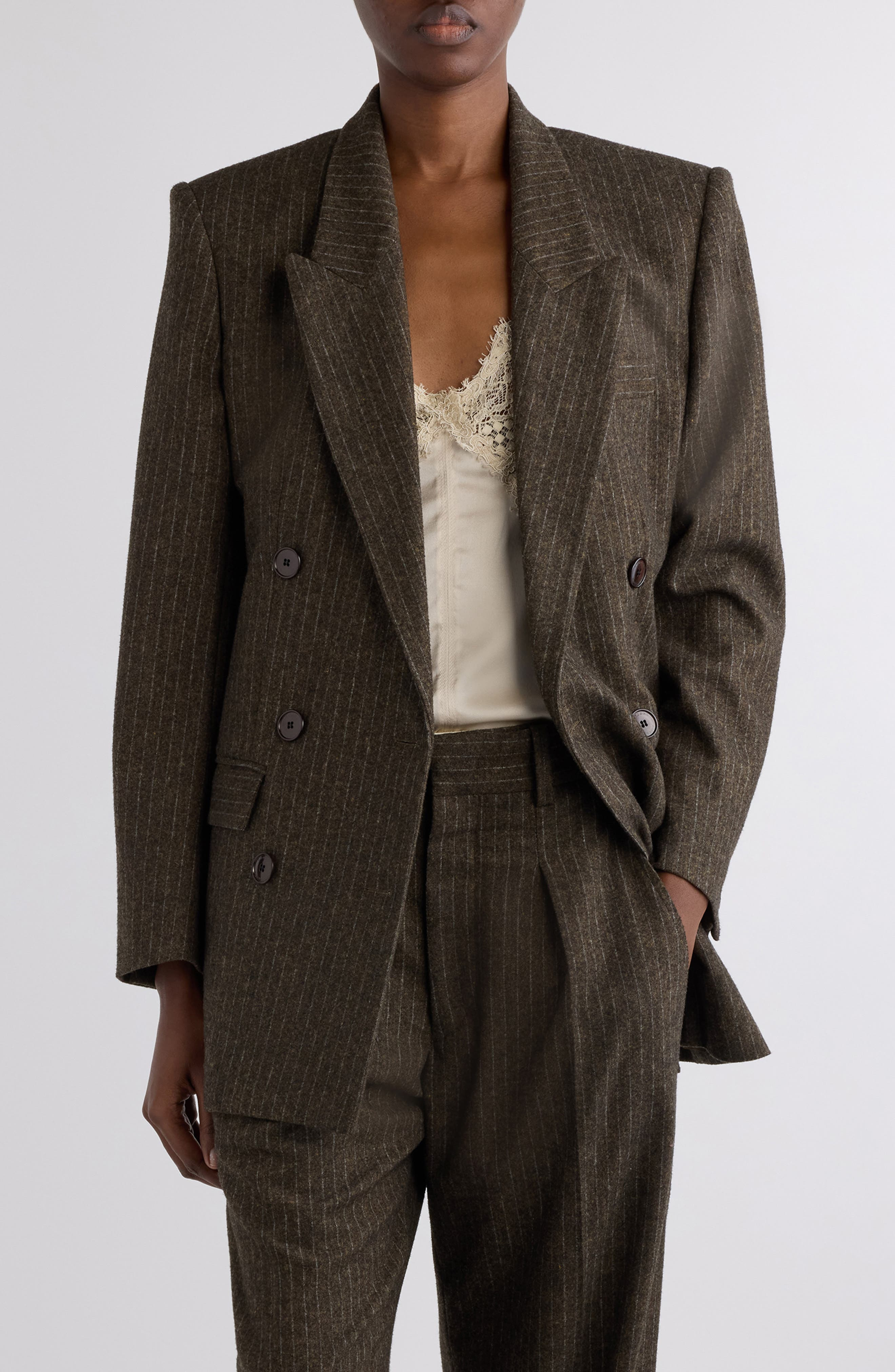 Isabel Marant Jevima Pinstripe Double Breated Wool Blend Blazer in Dark Khaki at Nordstrom - 1