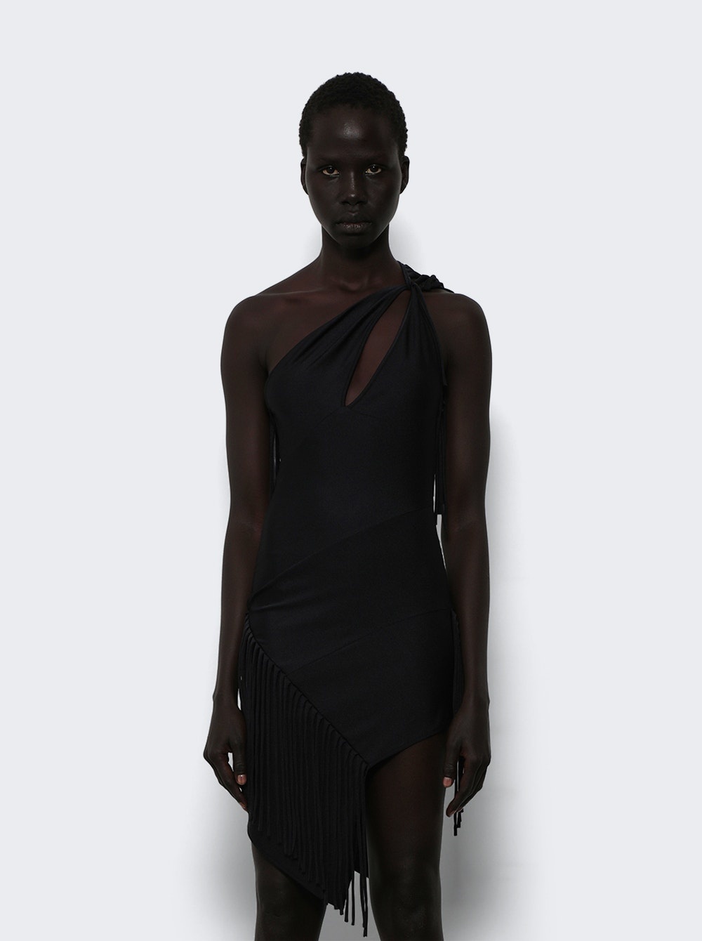 Asymmetric Fringed Jersey Dress Black - 2