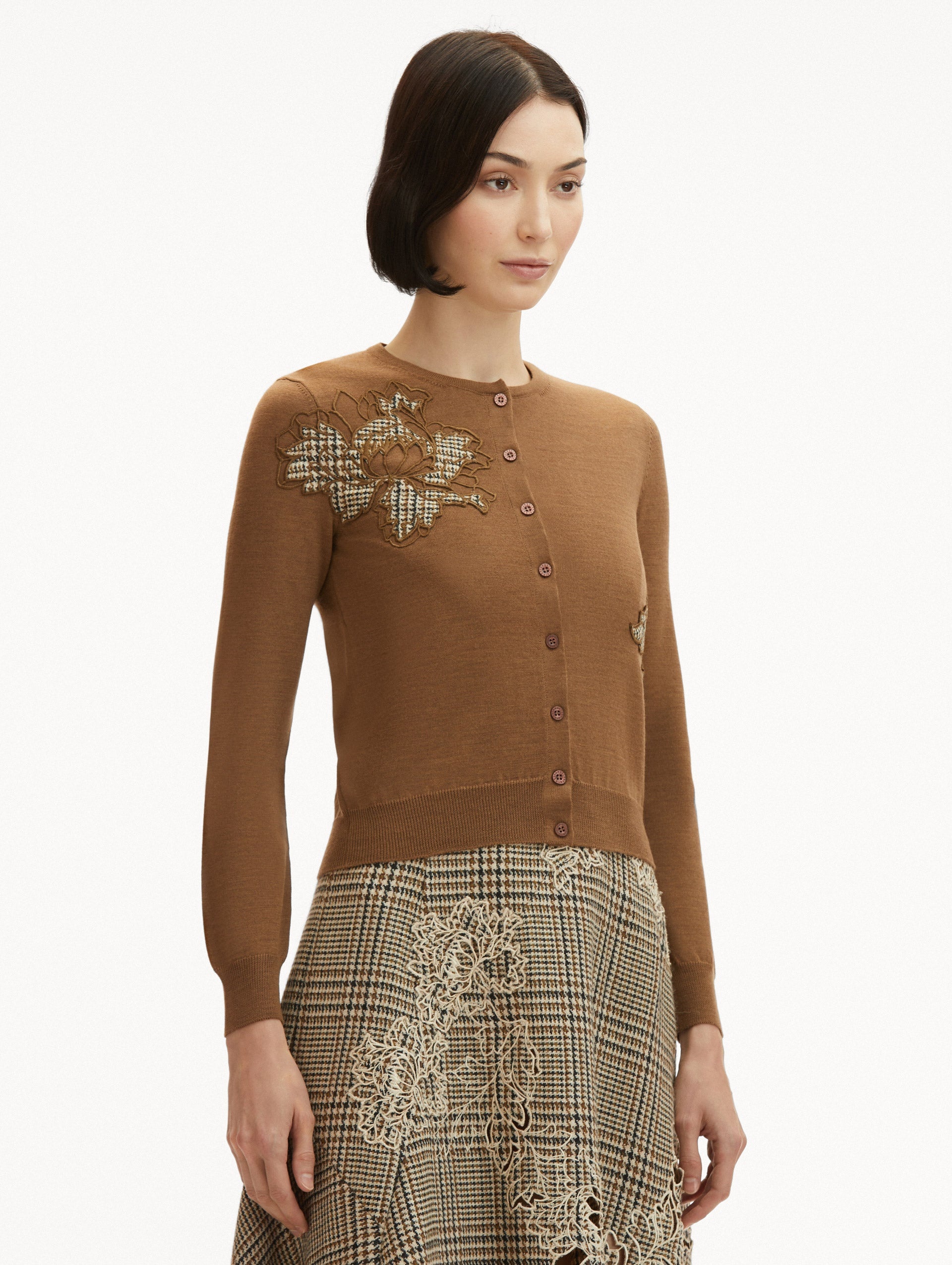 PEONY GUIPURE APPLIQUÉ PLAID CARDIGAN - 5