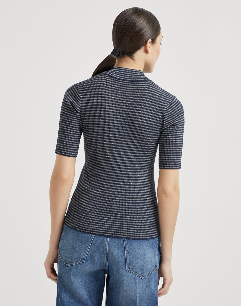 Brunello Cucinelli Sparkling stripes lightweight rib sweater in virgin wool and cashmere outlook