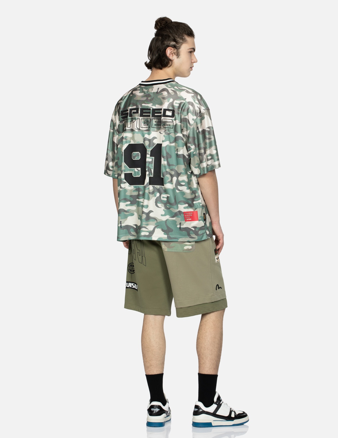LOGO PRINT AND SEAGULL EMBROIDERY PATCHWORK SWEAT SHORTS - 4