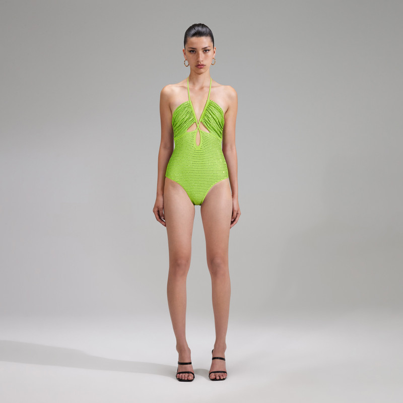 Green Rhinestone Strappy Swimsuit - 1