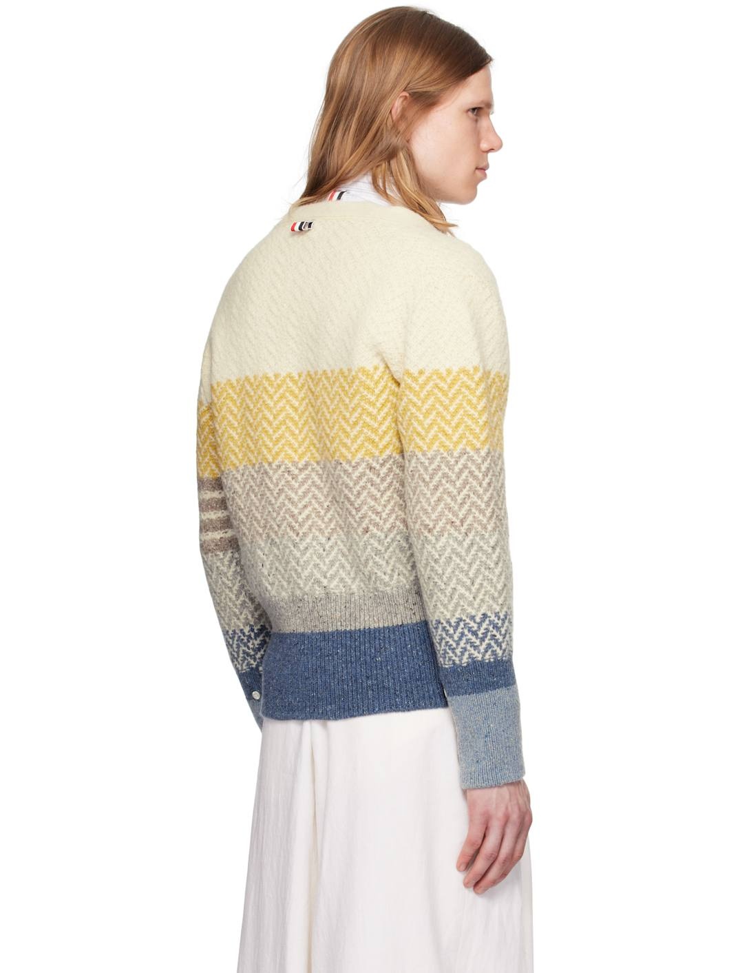 Multicolor Striped Herringbone Jacquard Classic V Neck Cardigan - 3