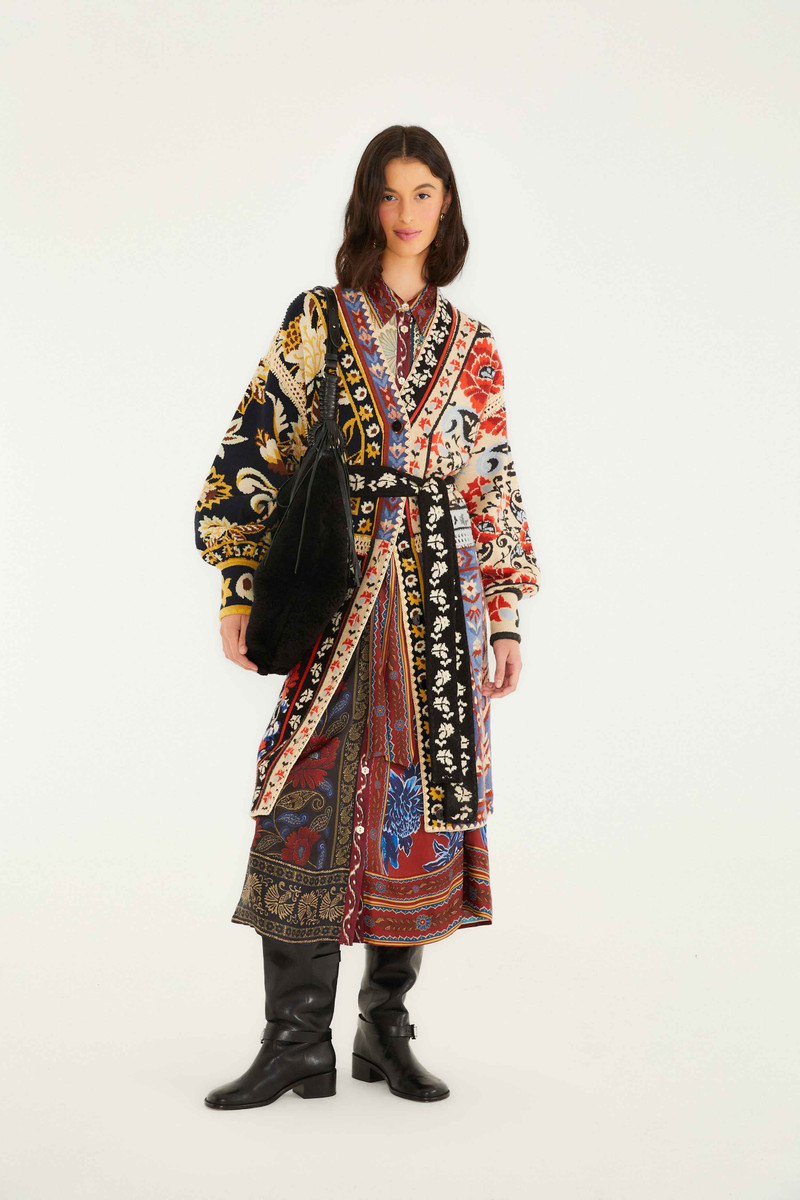 FARM RIO Mixed Flower Print Patchwork Knit Midi Cardigan outlook