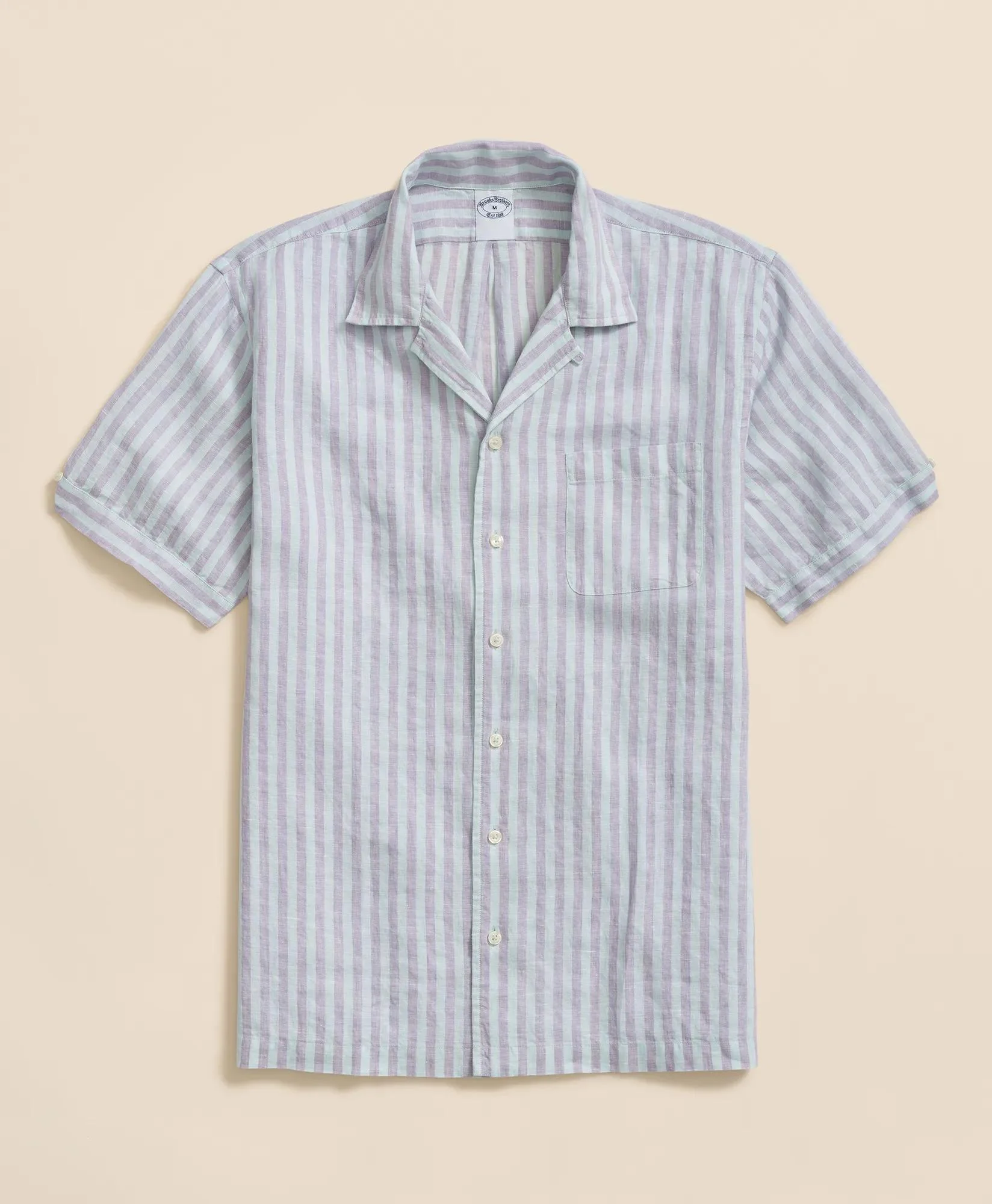 Irish Linen Camp Collar, Striped Short-Sleeve Shirt - 1