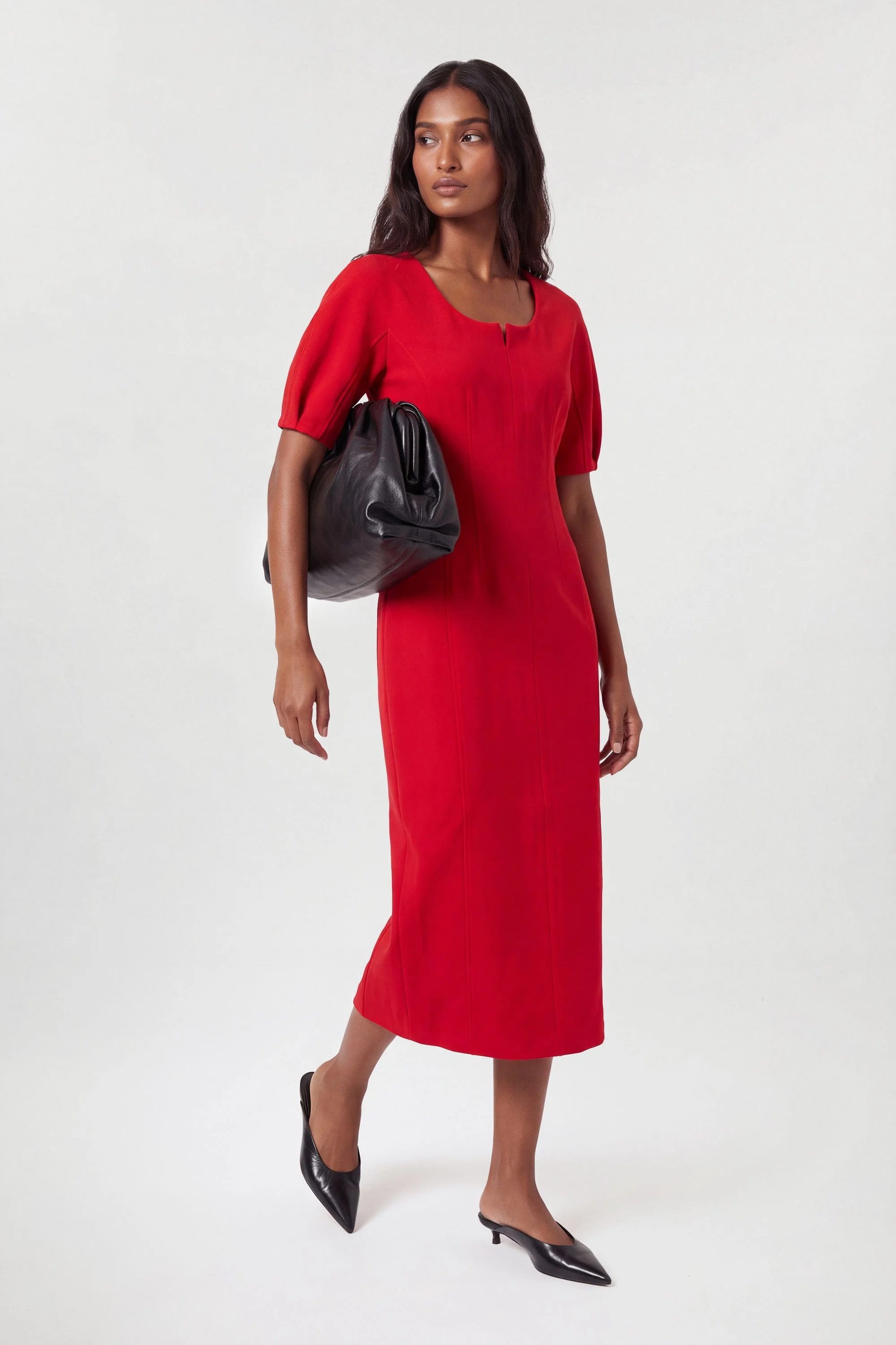 Textured Tailored Rounded Sleeve Pencil Midi Dress - 1