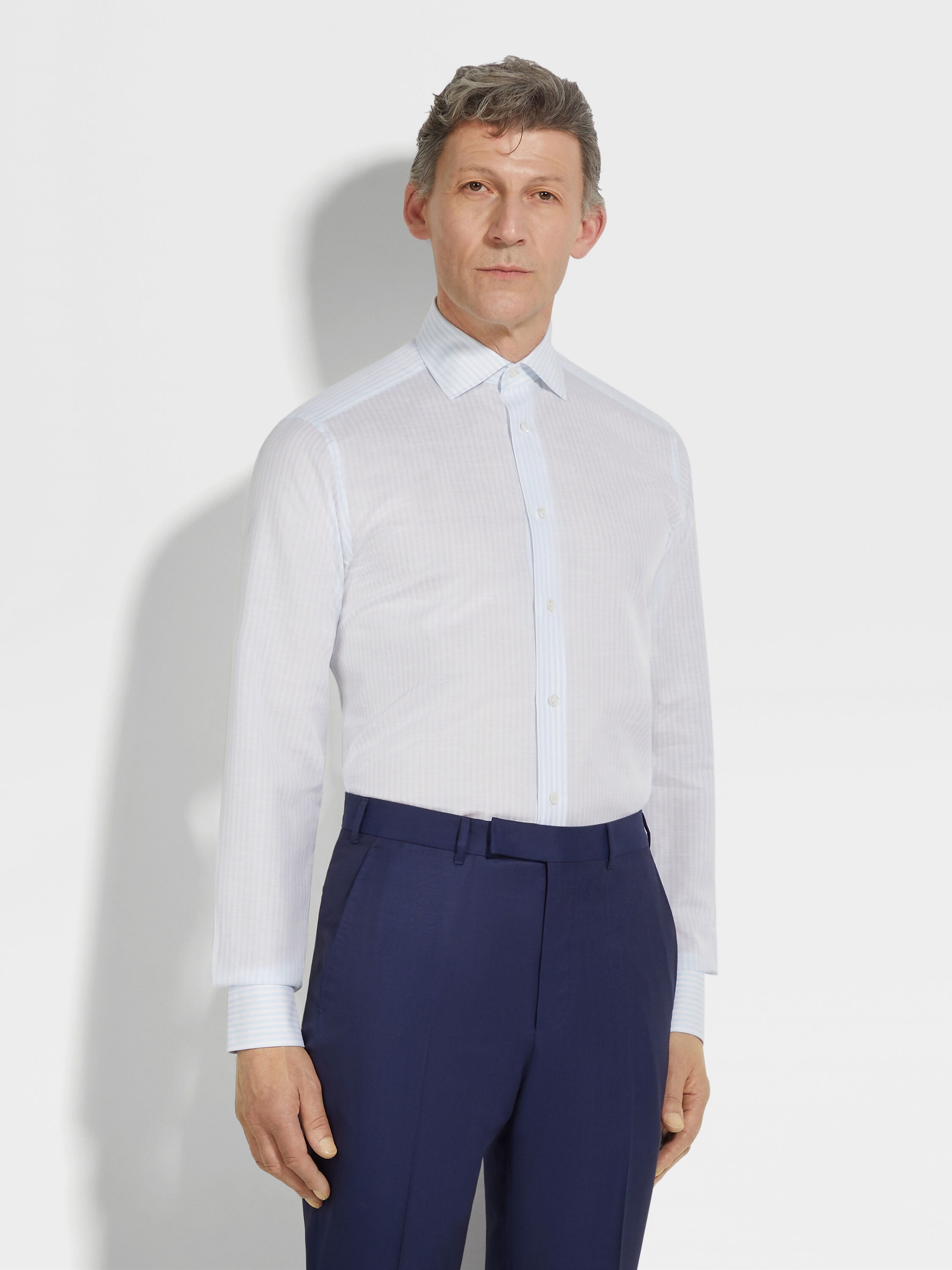 LIGHT BLUE AND WHITE STRIPED CENTOVENTIMILA COTTON AND LINEN SHIRT - 3