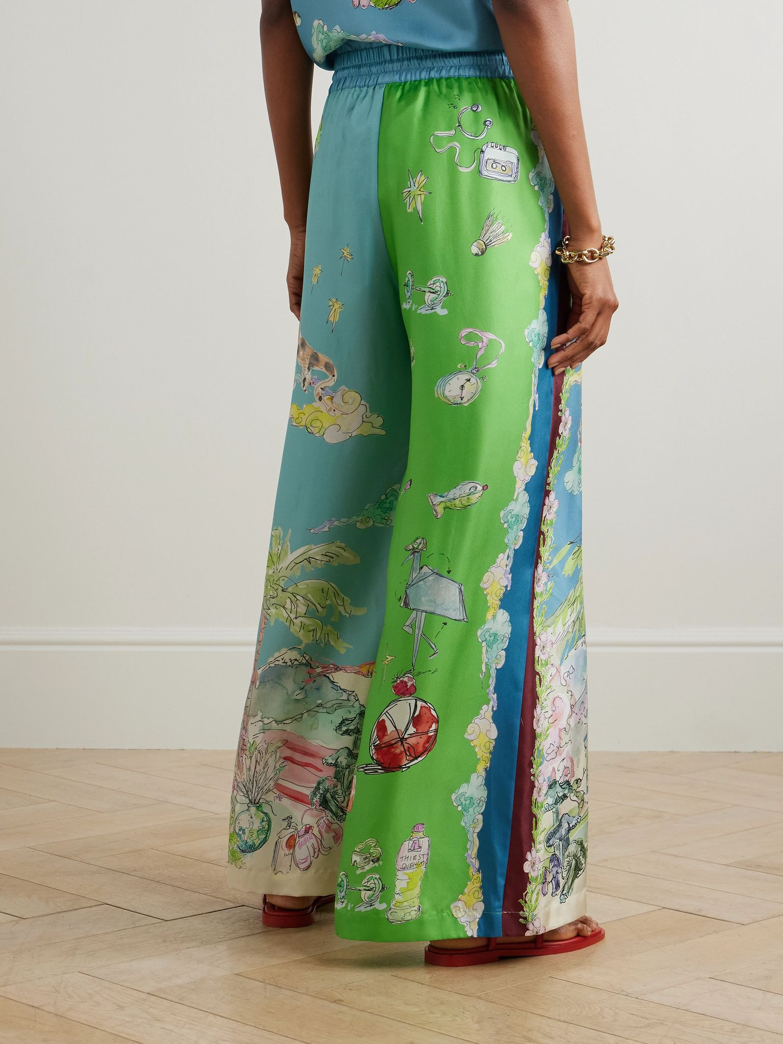 + Anouk Colantoni Daria embellished printed silk-twill wide-leg pants Green - 4