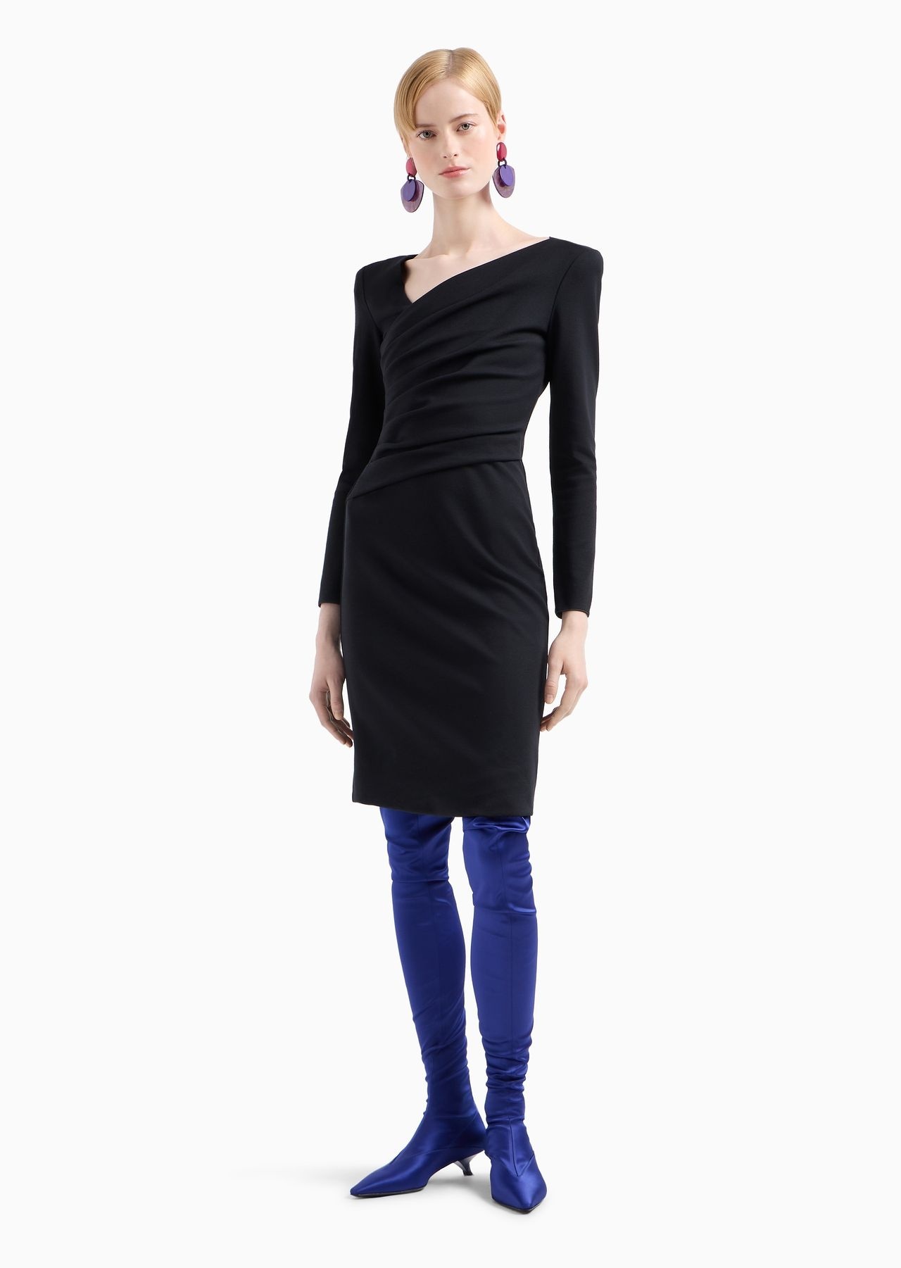 Stretch Milano stitch fabric dress with asymmetric cross-over and draping - 2