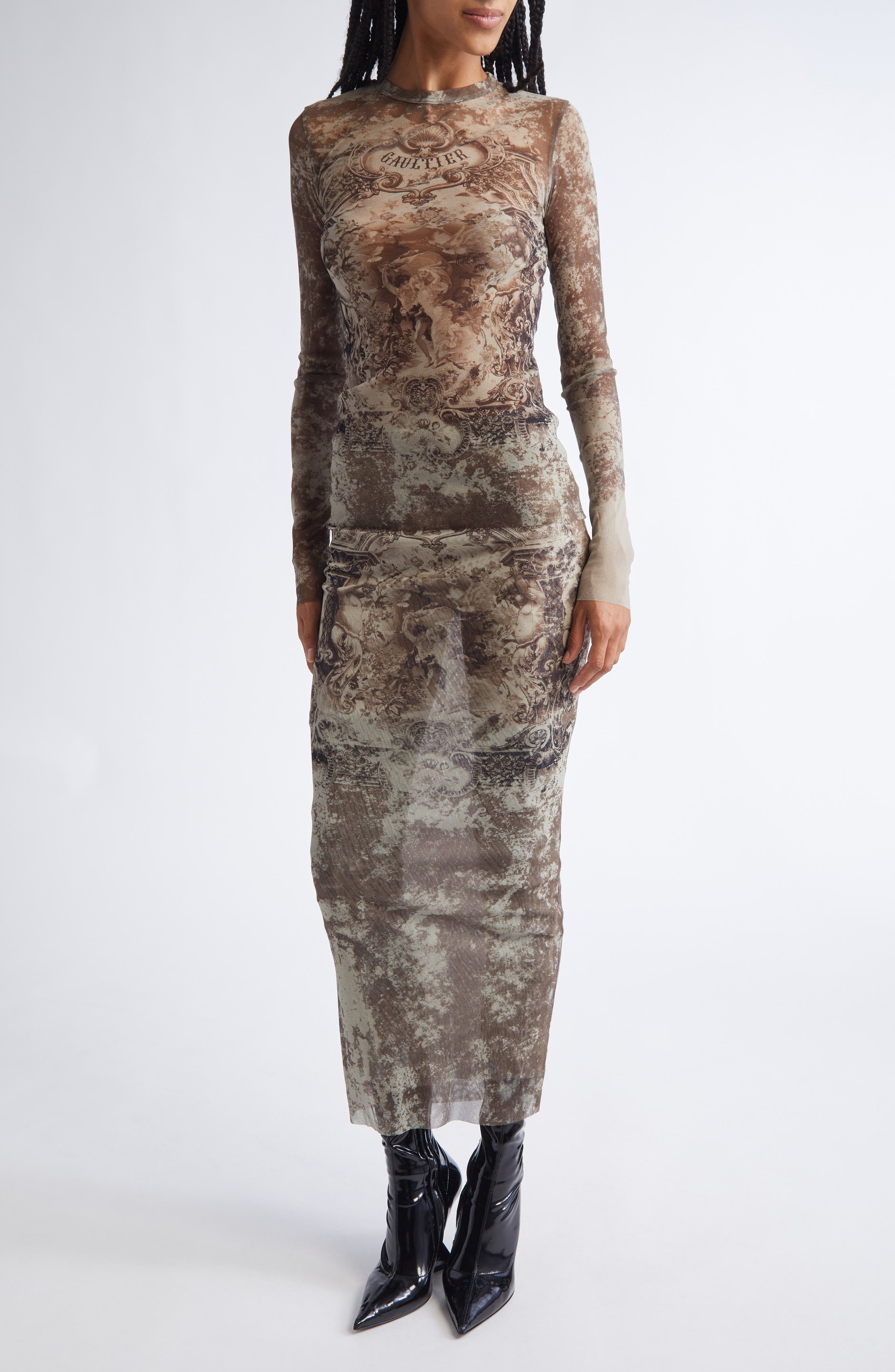 Jean Paul Gaultier Medallion Print Long Sleeve Mesh Top in Light Beige/Taupe at Nordstrom - 2