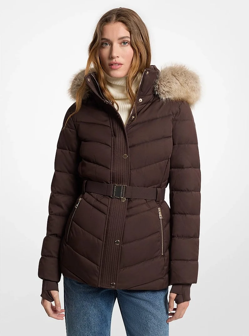 Faux Fur Trim Packable Quilted Puffer Jacket - 1