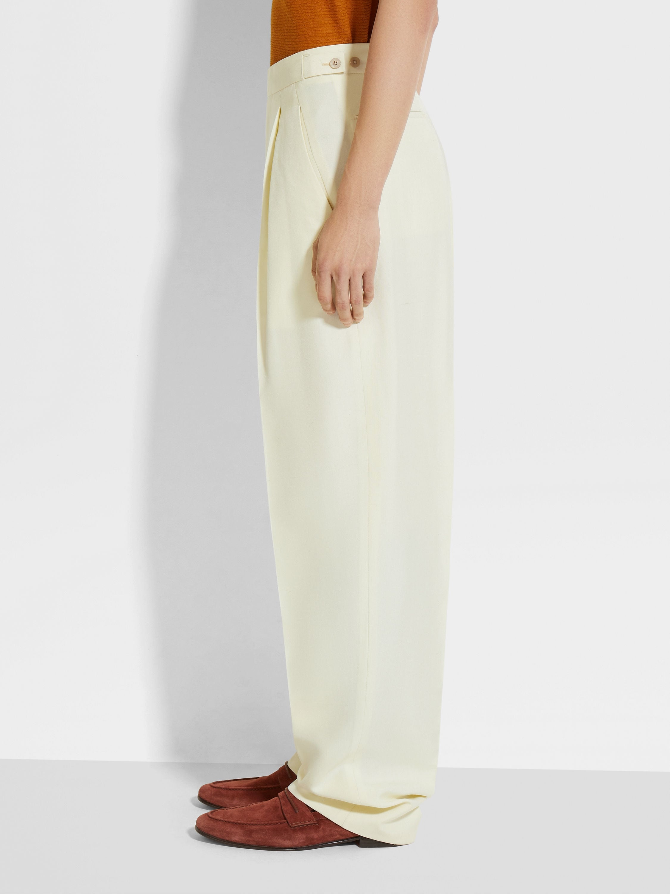 LIGHT YELLOW SILK AND WOOL PANTS - 4