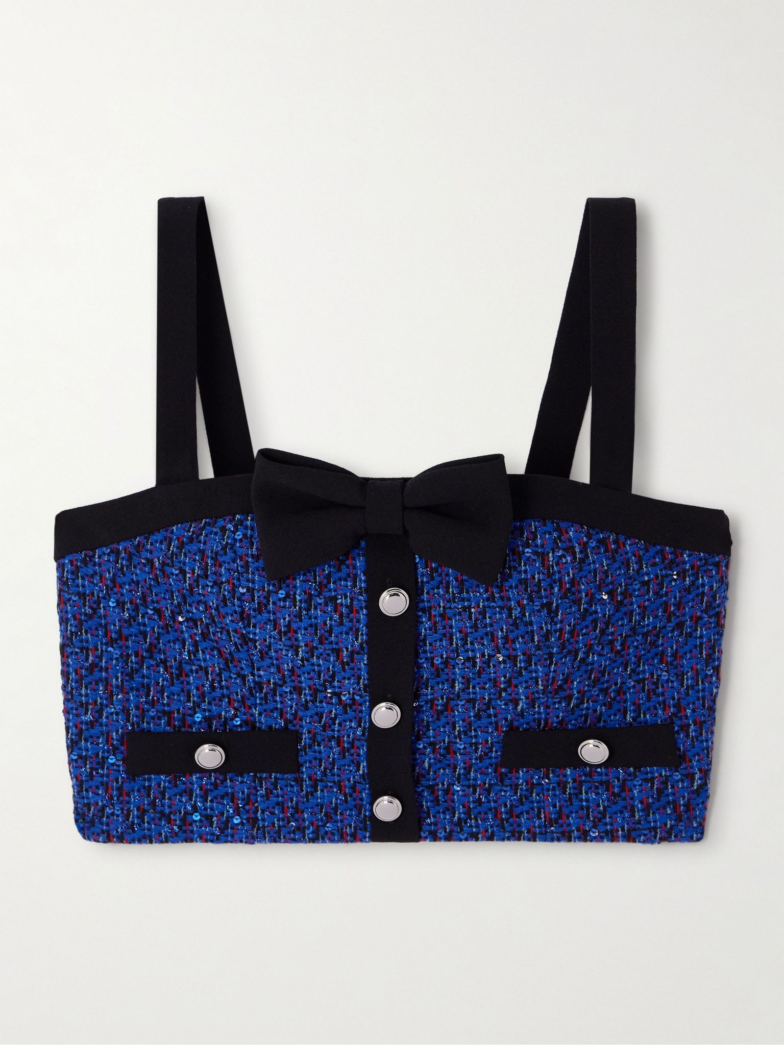 Embellished cropped cady-trimmed tweed top Blue - 1