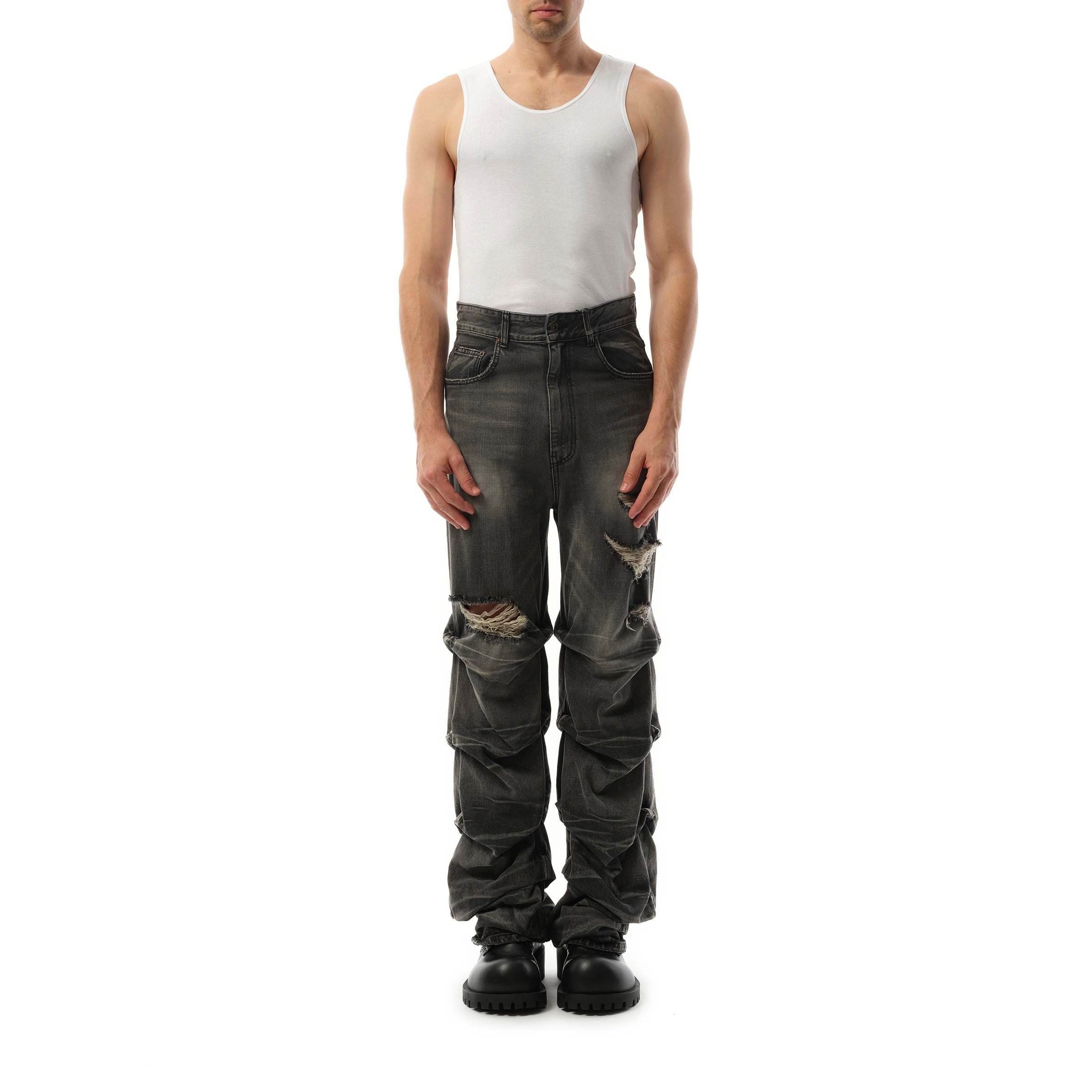 Wrinkled Straight Denim Trousers in Black - 4