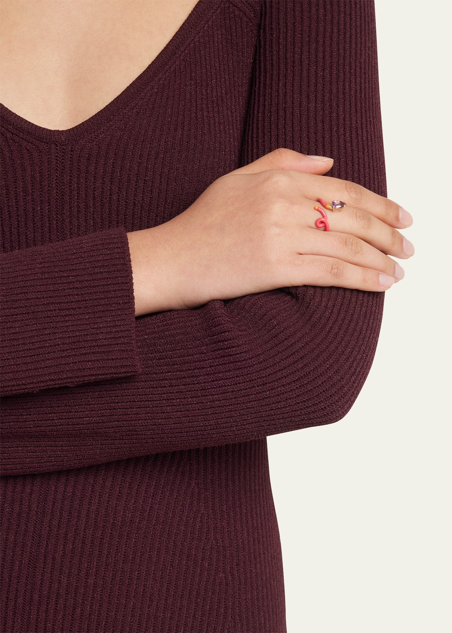 Baby Vine Ring with Drop-Cut Amethyst plus Raspberry and Orange Enamel - 2