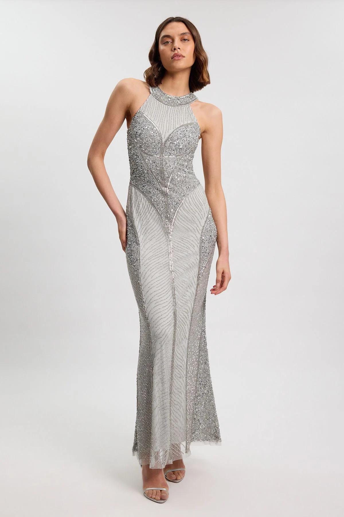 Petite Crystal Embellished Halter Woven Maxi Dress - 1