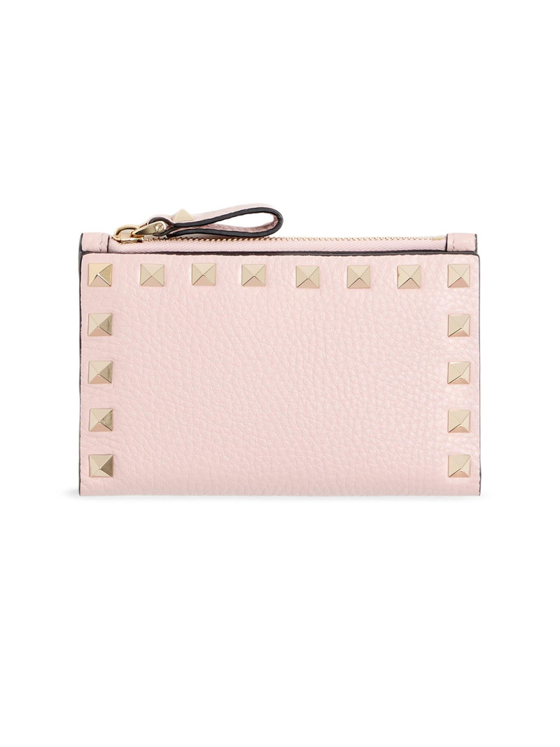 Women's Rockstud Grainy Calfskin Card Holder with Zipper - Pink 1