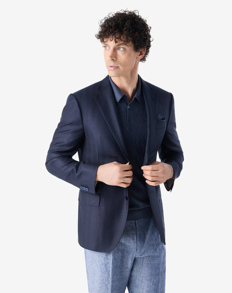 CORNELIANI Navy blue wool and silk jacket with herringbone pattern outlook