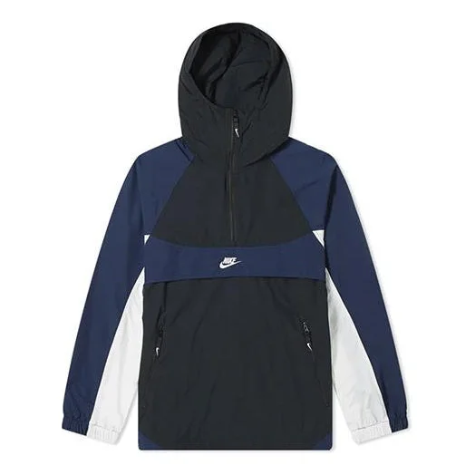 Nike 재 조직에 의하여 길쌈되는 Popover 재킷 작은 로고 파랑/검정 BV5386-010 - 1