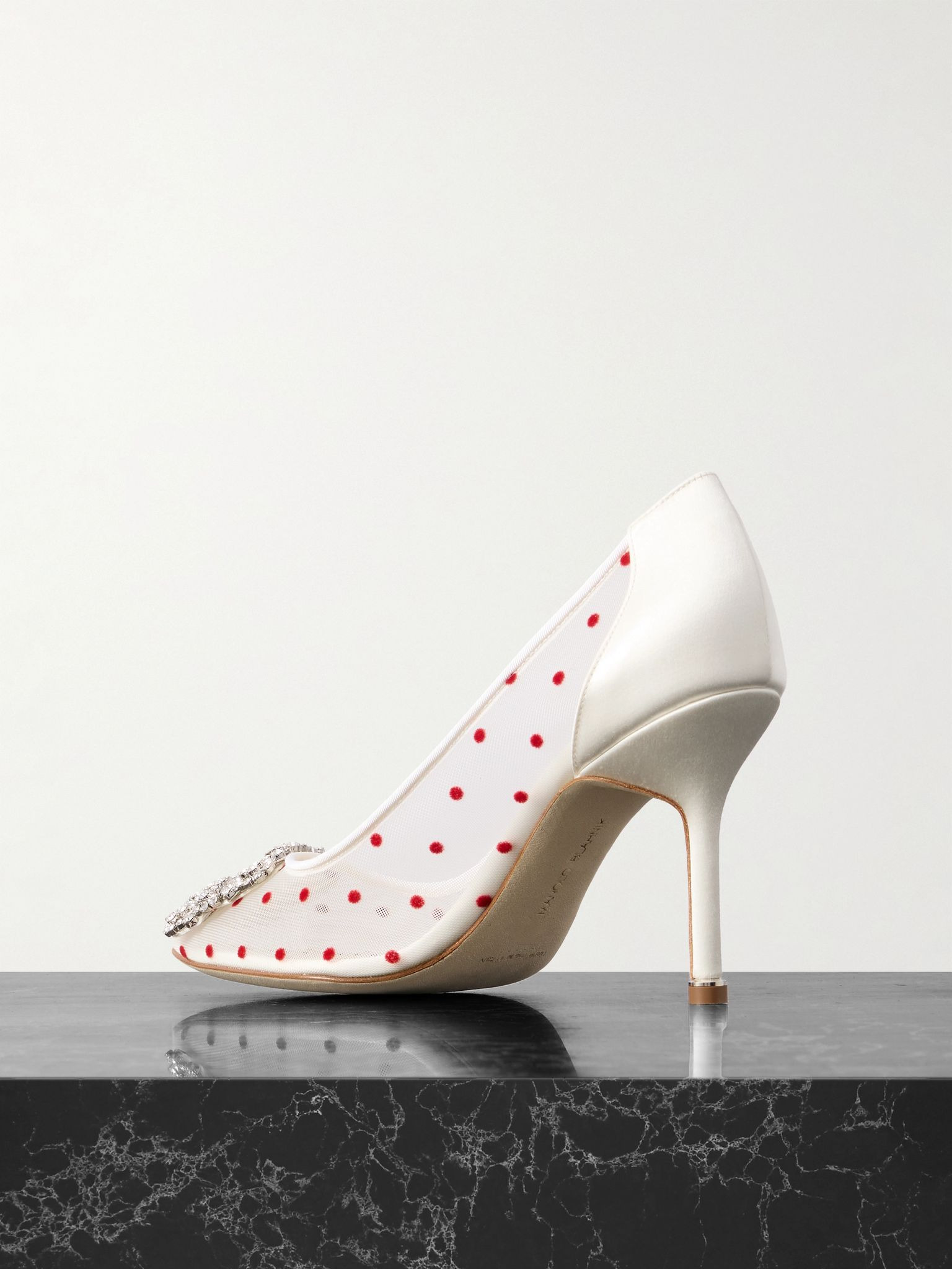 Hangisi 90 satin-trimmed crystal-embellished flocked mesh pumps White - 3