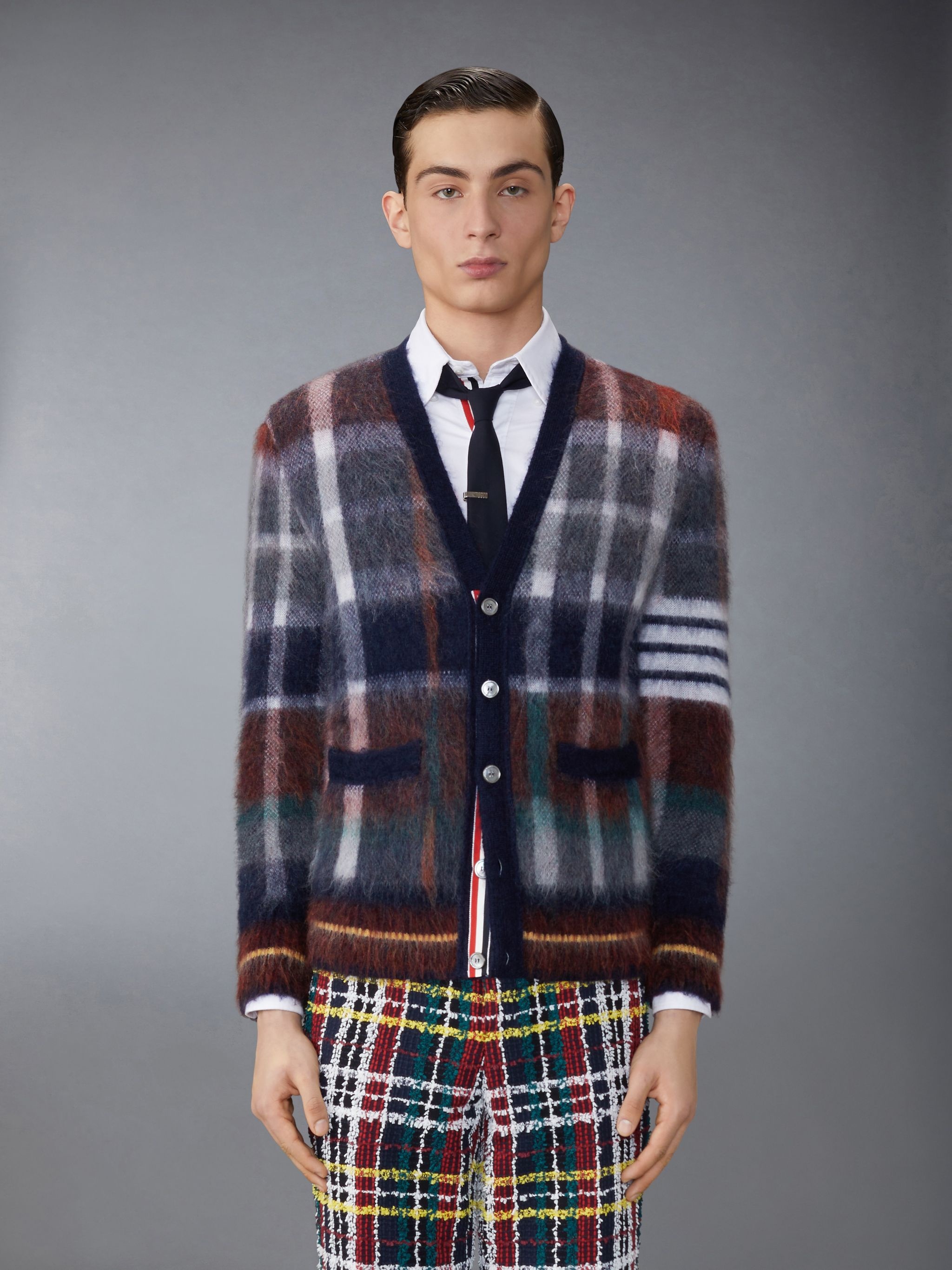 Brushed Mohair Gingham Hector Tartan Check Jacquard 4-Bar Cardigan - 1