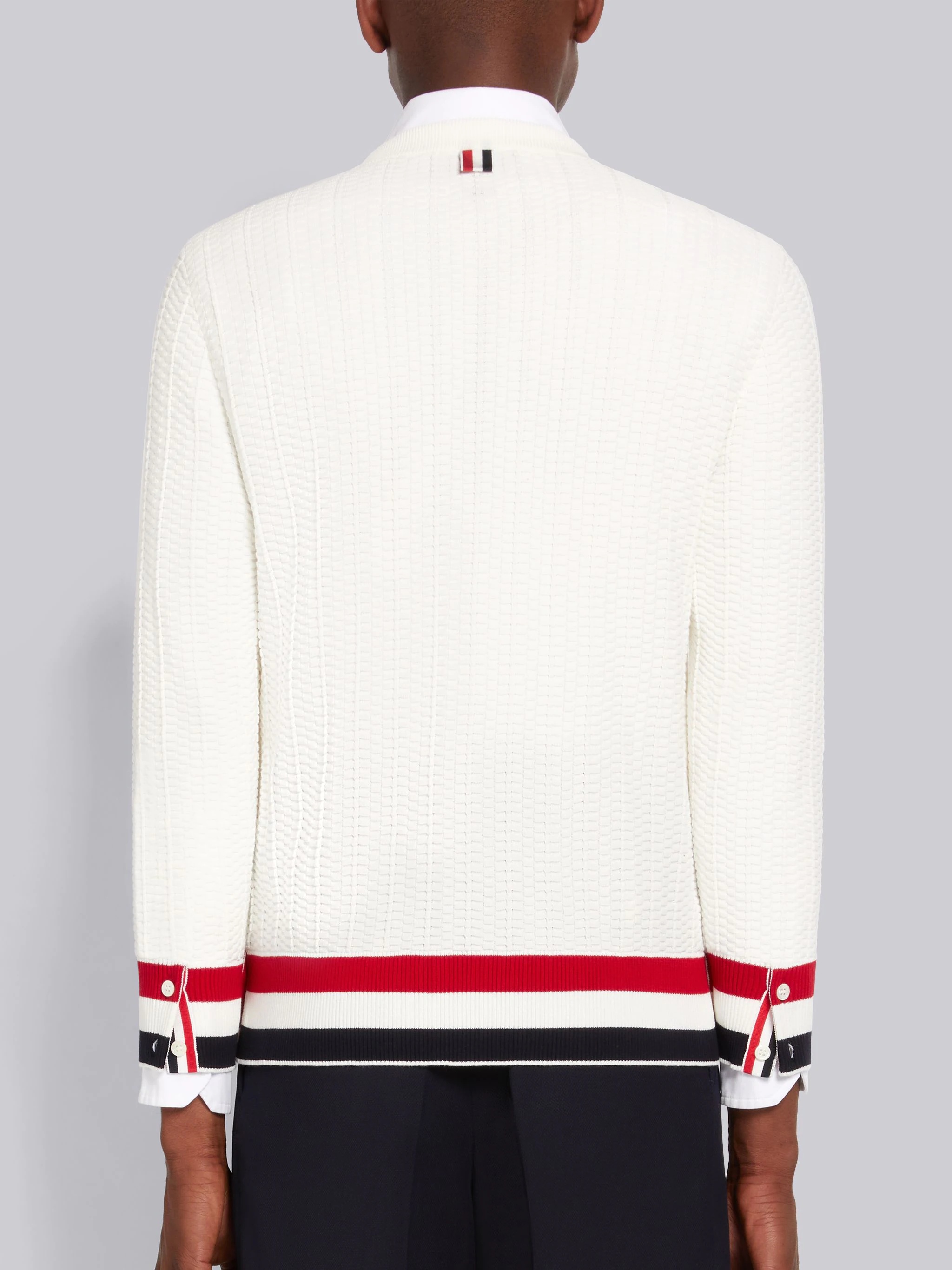 White Textured Cotton Stripe Rib Crew Neck Pullover - 3