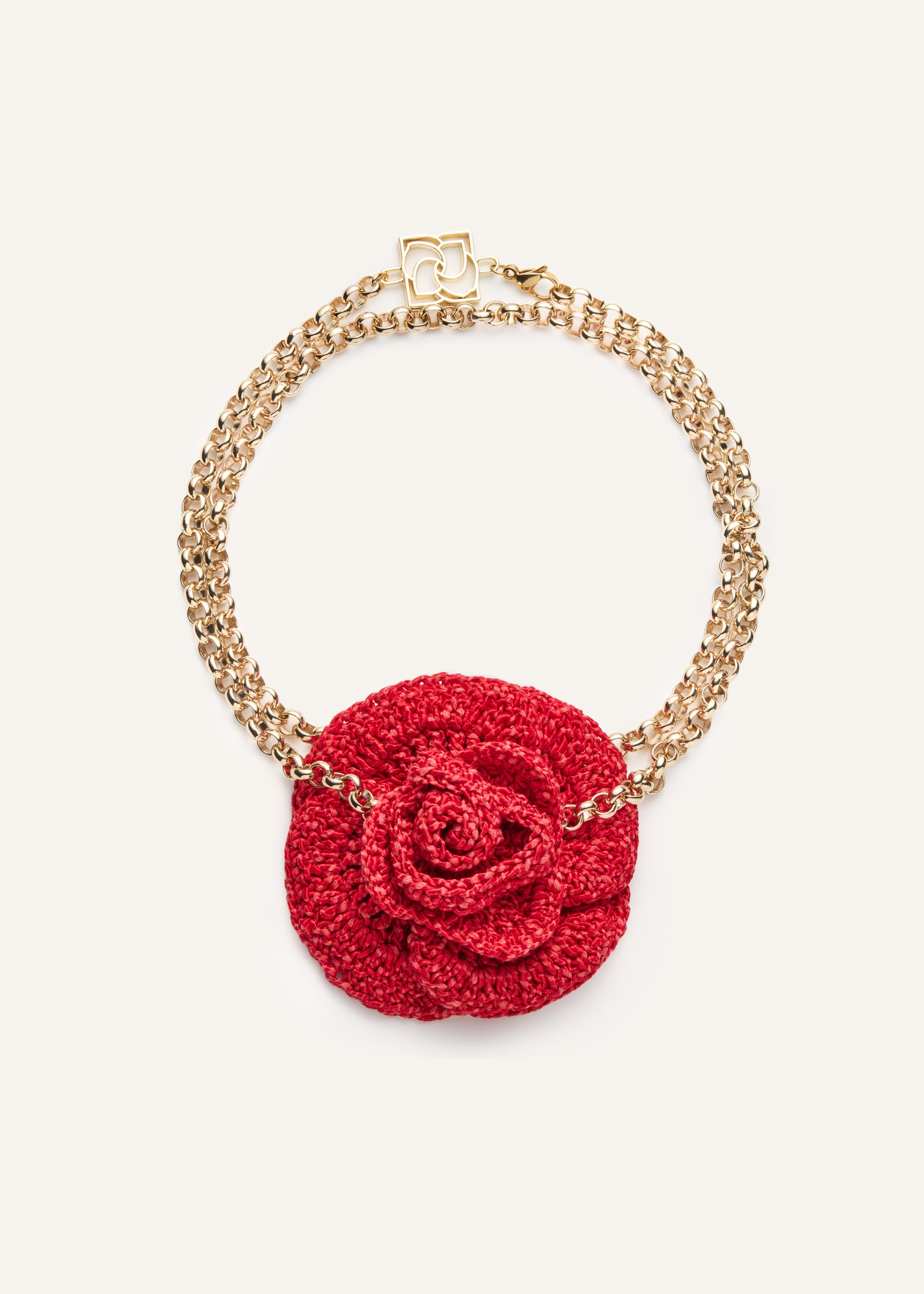 Red crochet rose necklace in gold - 1