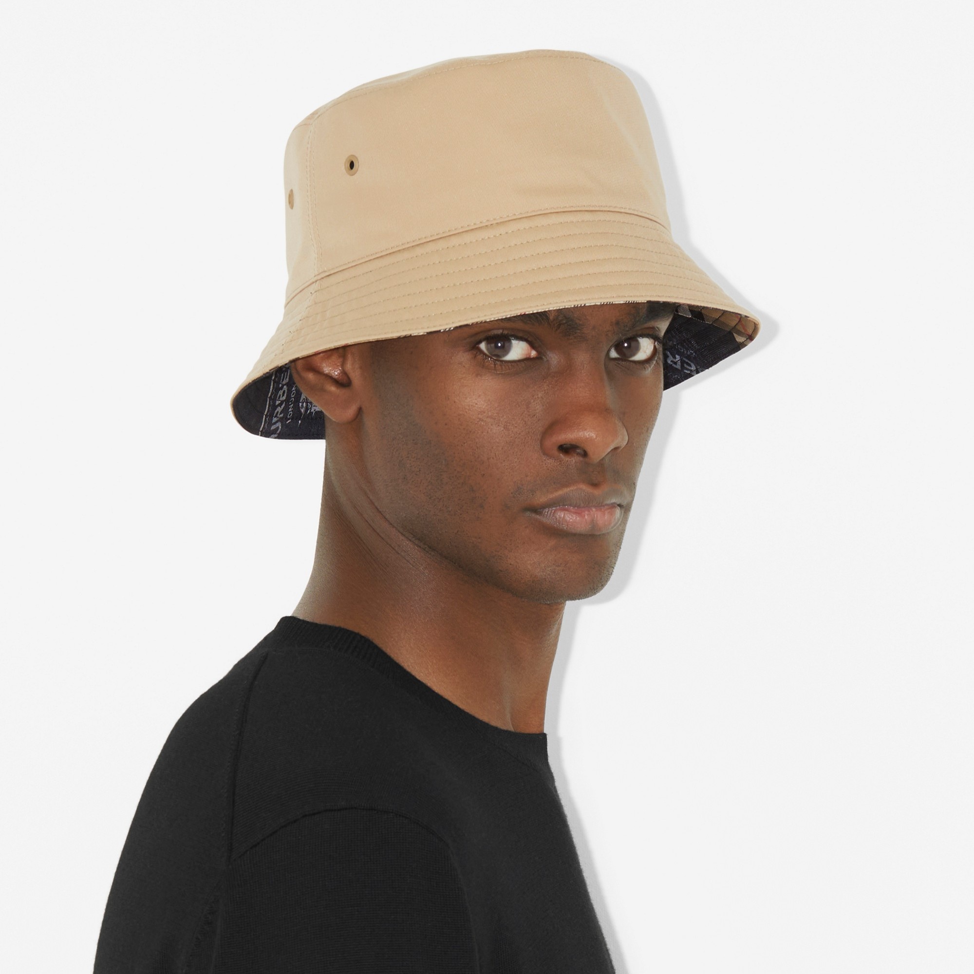 Burberry Embroidered Logo Cotton Gabardine Bucket Hat | REVERSIBLE