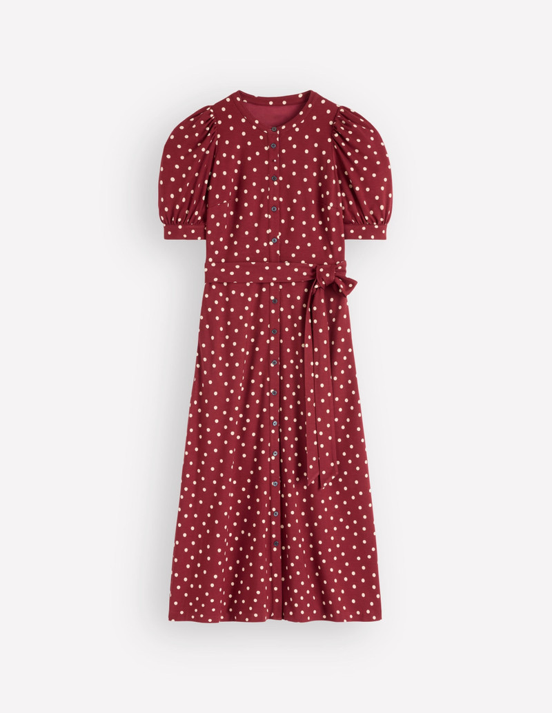 Puff Sleeve Ponte Shirt Dress-Red Pear, Painted Dot 1