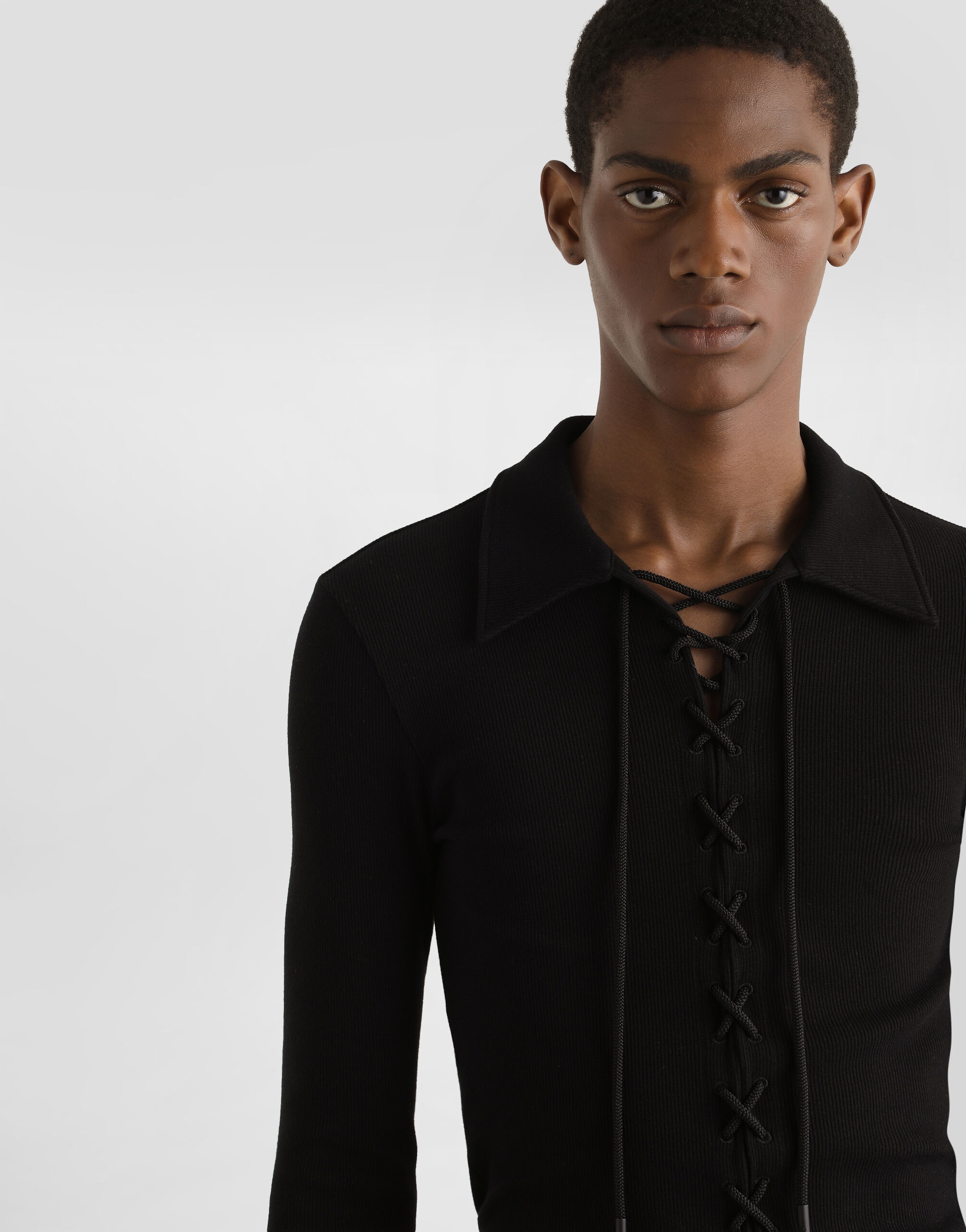 Long-sleeved interlock jersey polo-shirt with laces - 4