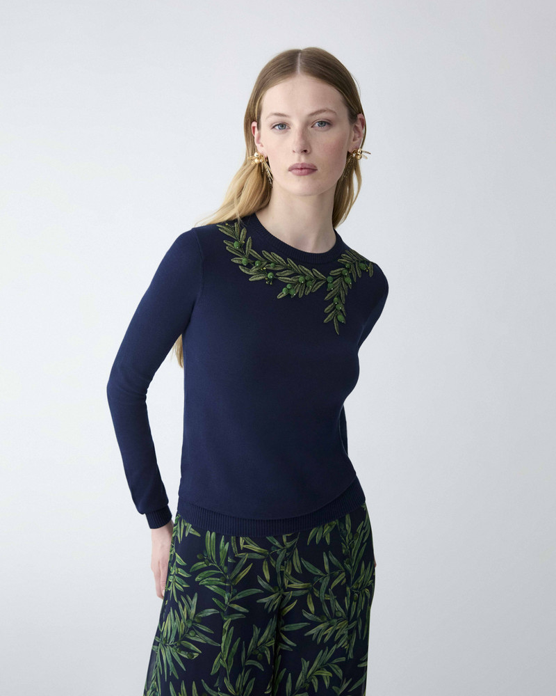CAROLINA HERRERA Olive-Branch Embroidered Sweater outlook