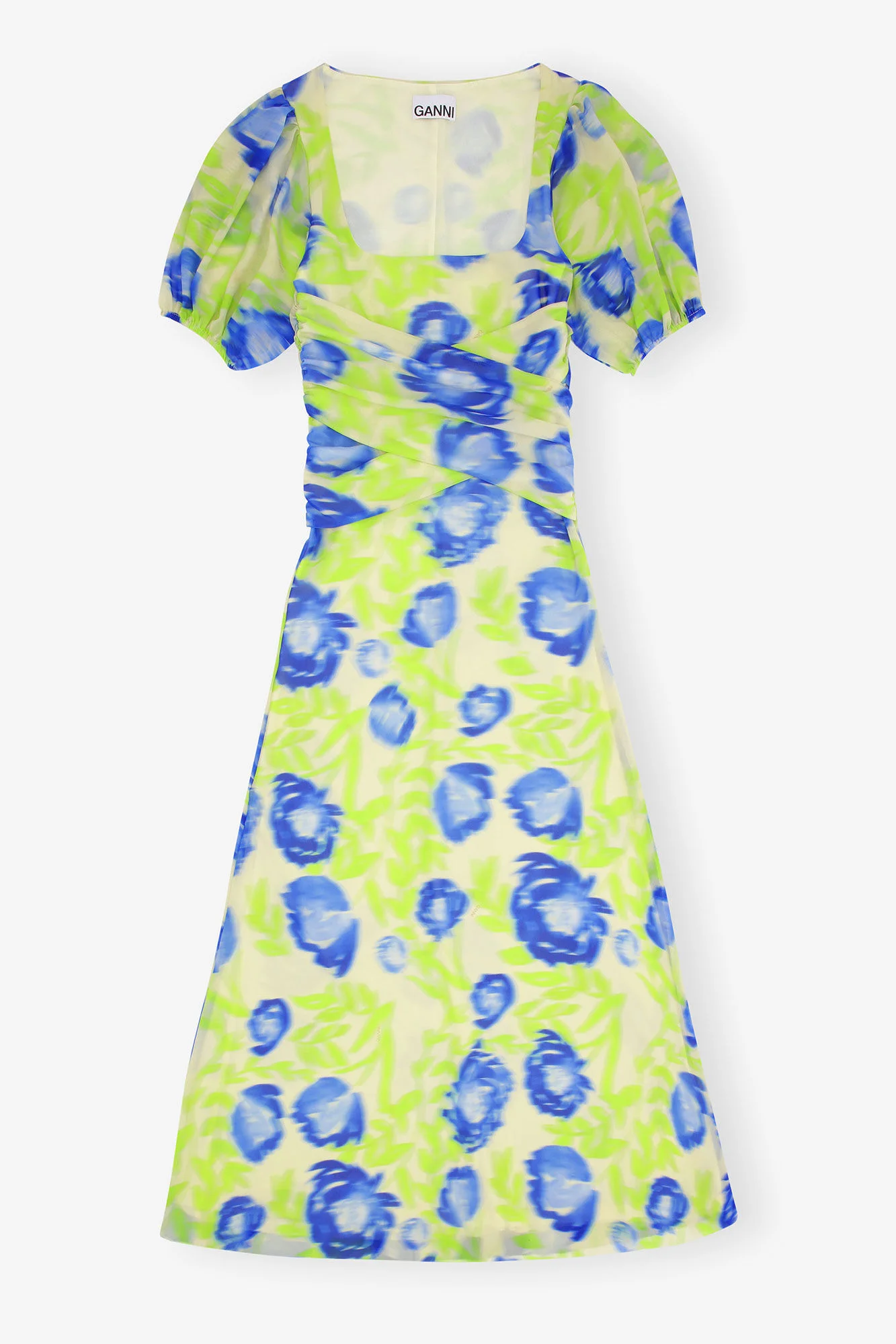 PRINTED MESH PUFF SLEEVE MIDI DRESS - 1