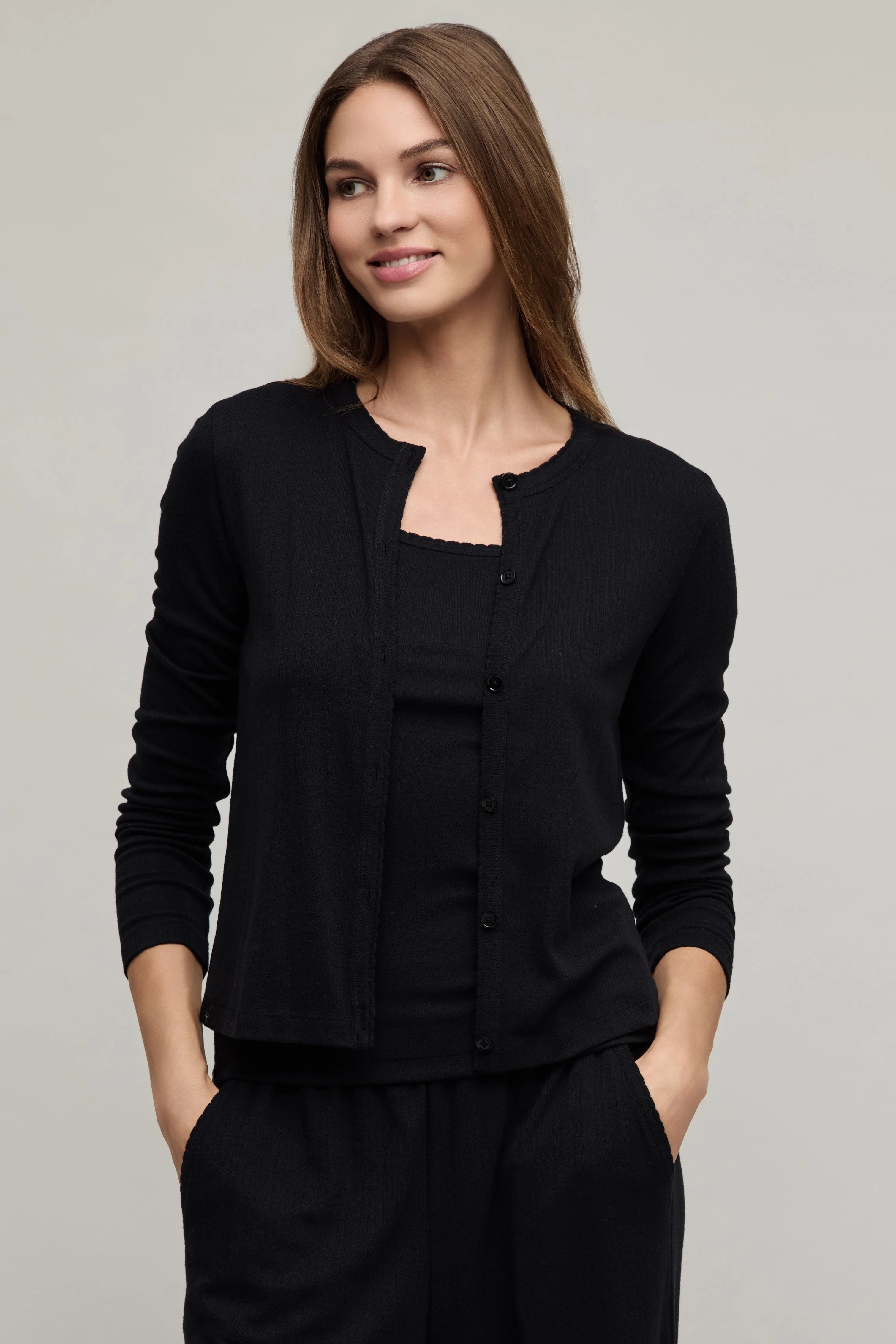 Pointelle Rib Cardigan with Scallop Trim - 1