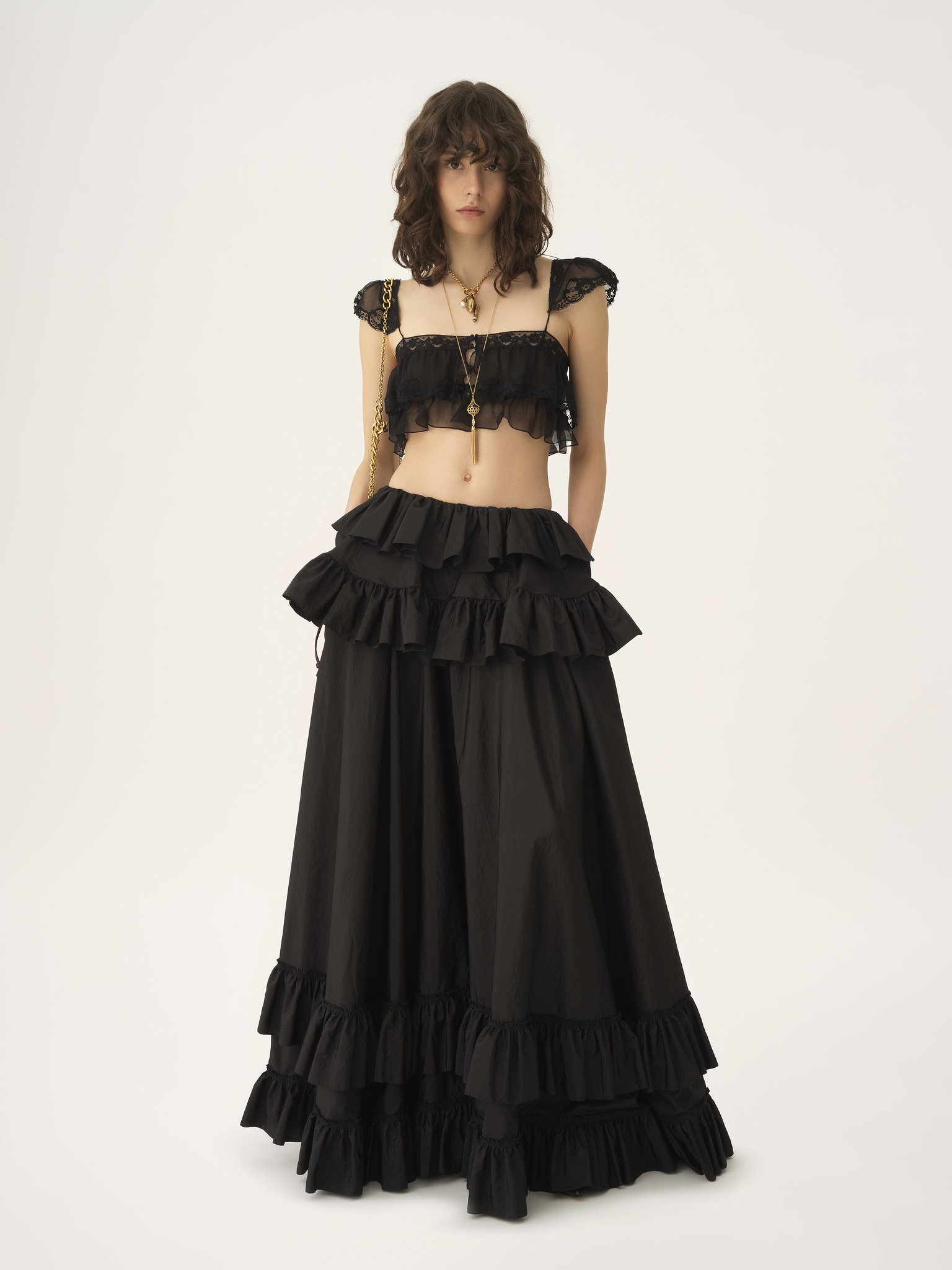 RUFFLED BRALETTE IN SILK MOUSSELINE & LACE - 3