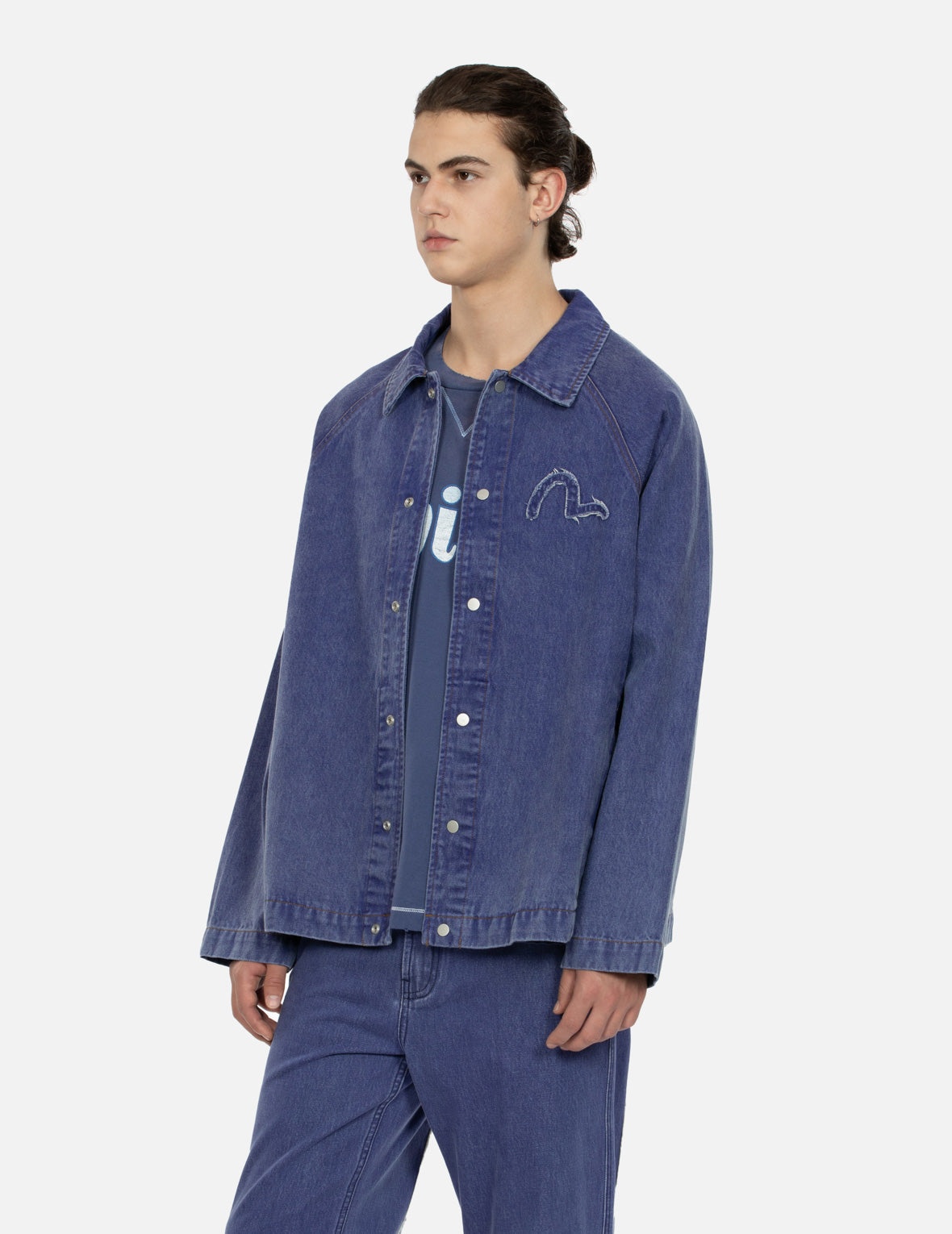 SEAGULL AND SLOGAN EMBROIDERY OVERSIZED  DENIM COACH JACKET - 7