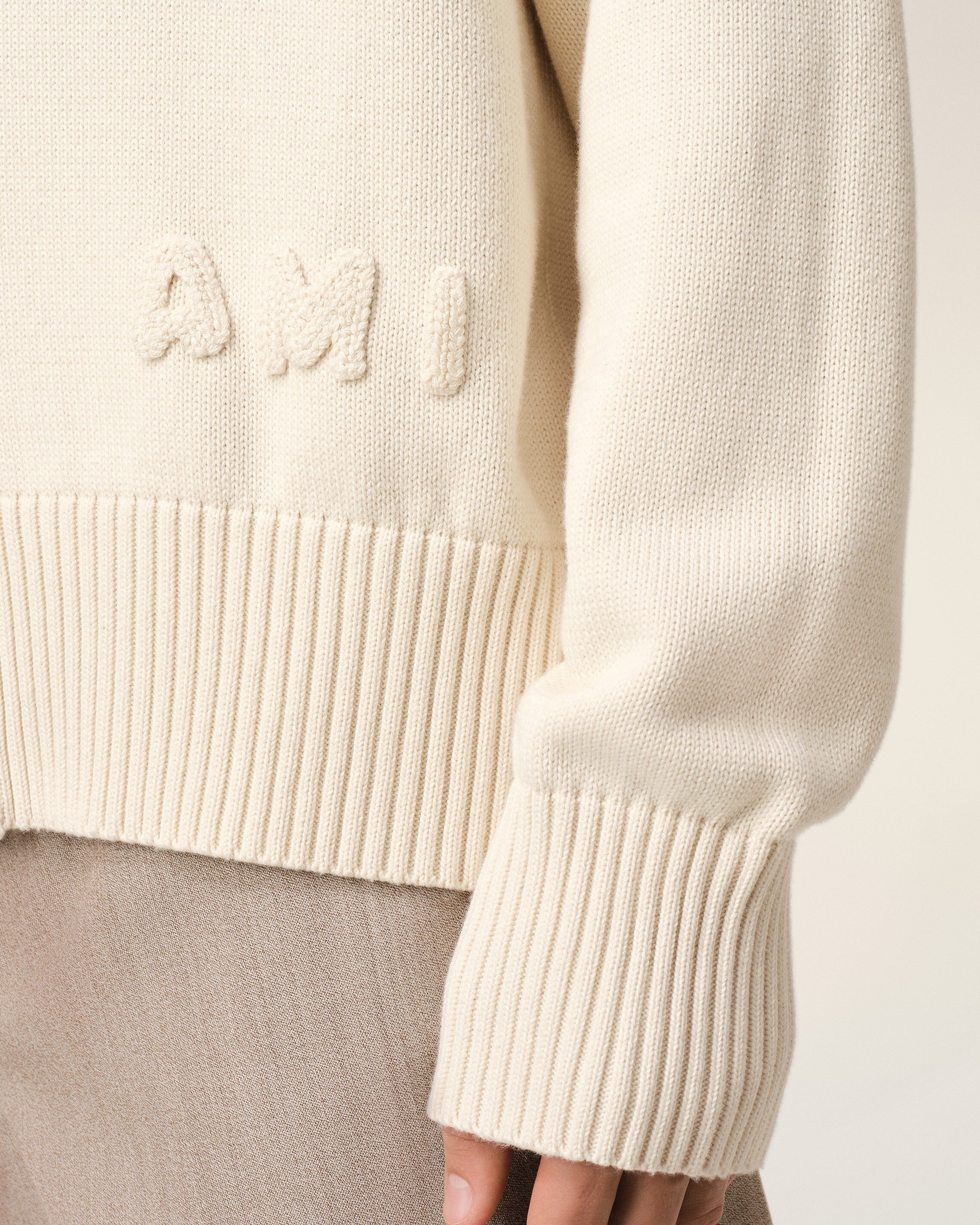 BEIGE COTTON WOOL AMI EMBROIDERED CARDIGAN - 4