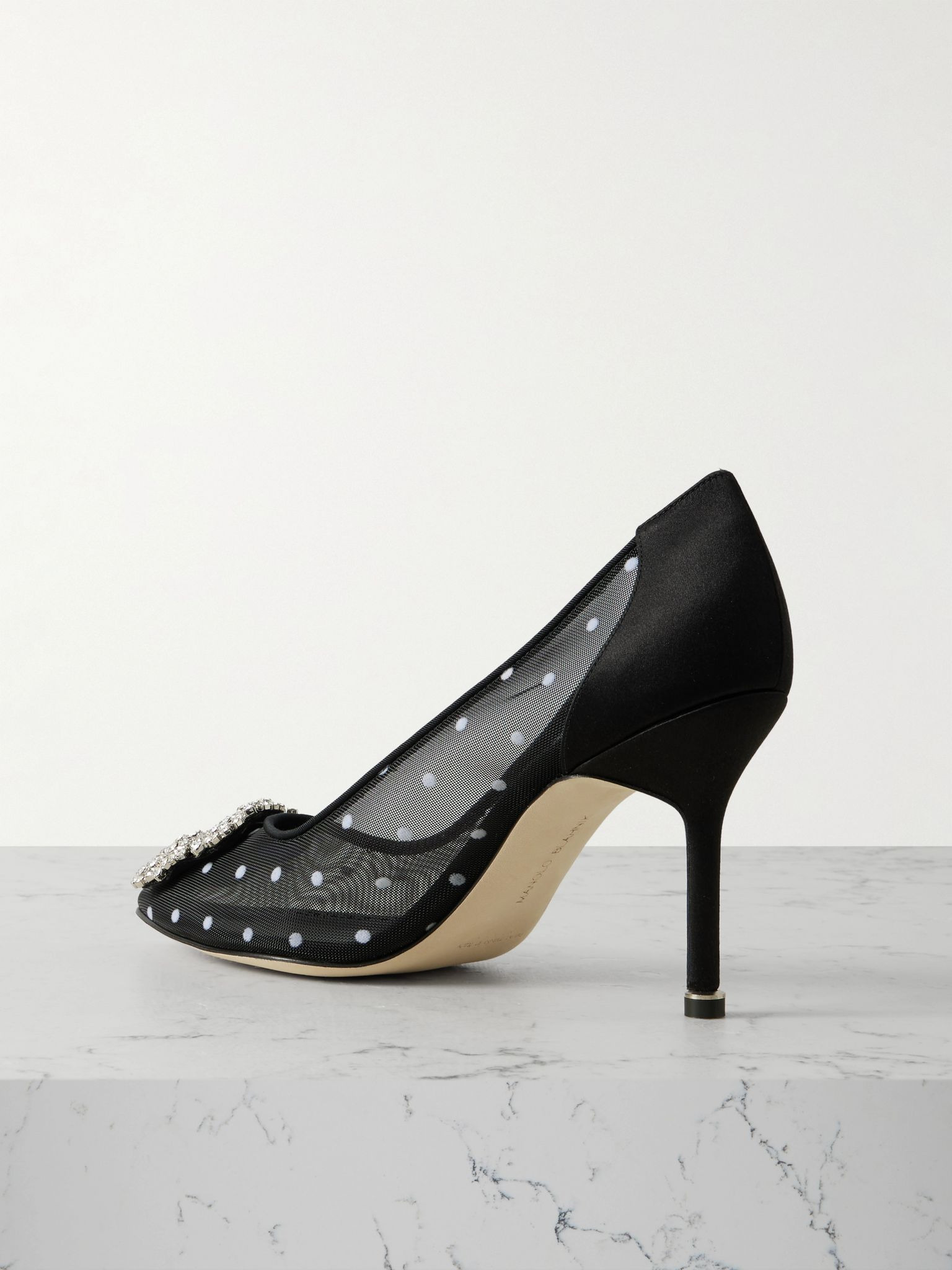 Hangisi 90 satin-trimmed crystal-embellished flocked mesh pumps Black - 3