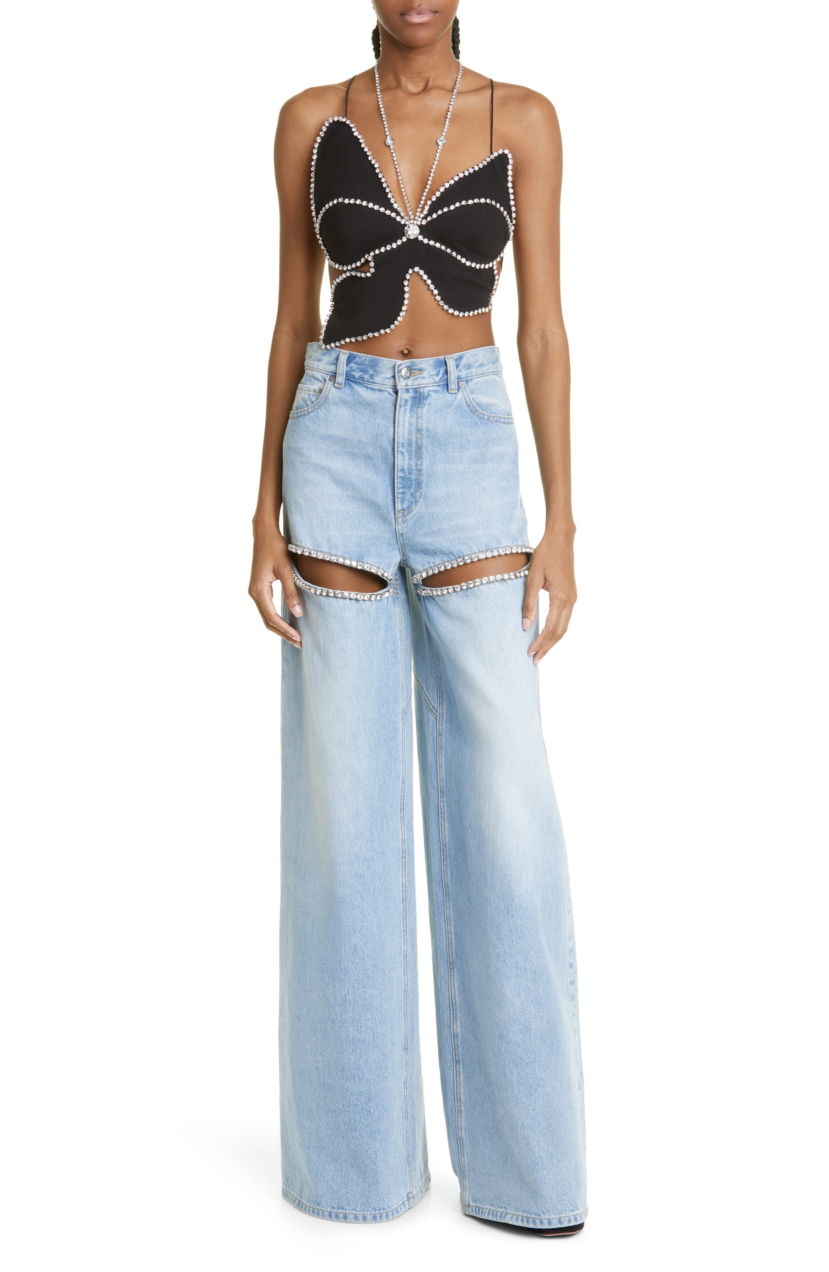 Area Crystal Slit Cotton Denim Wide Legs Jeans in Light Blue at Nordstrom - 2