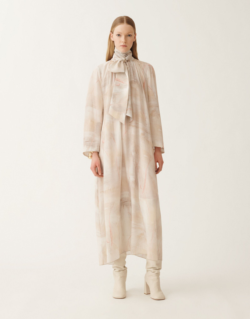 Printed crepe de chine dress, butter 3