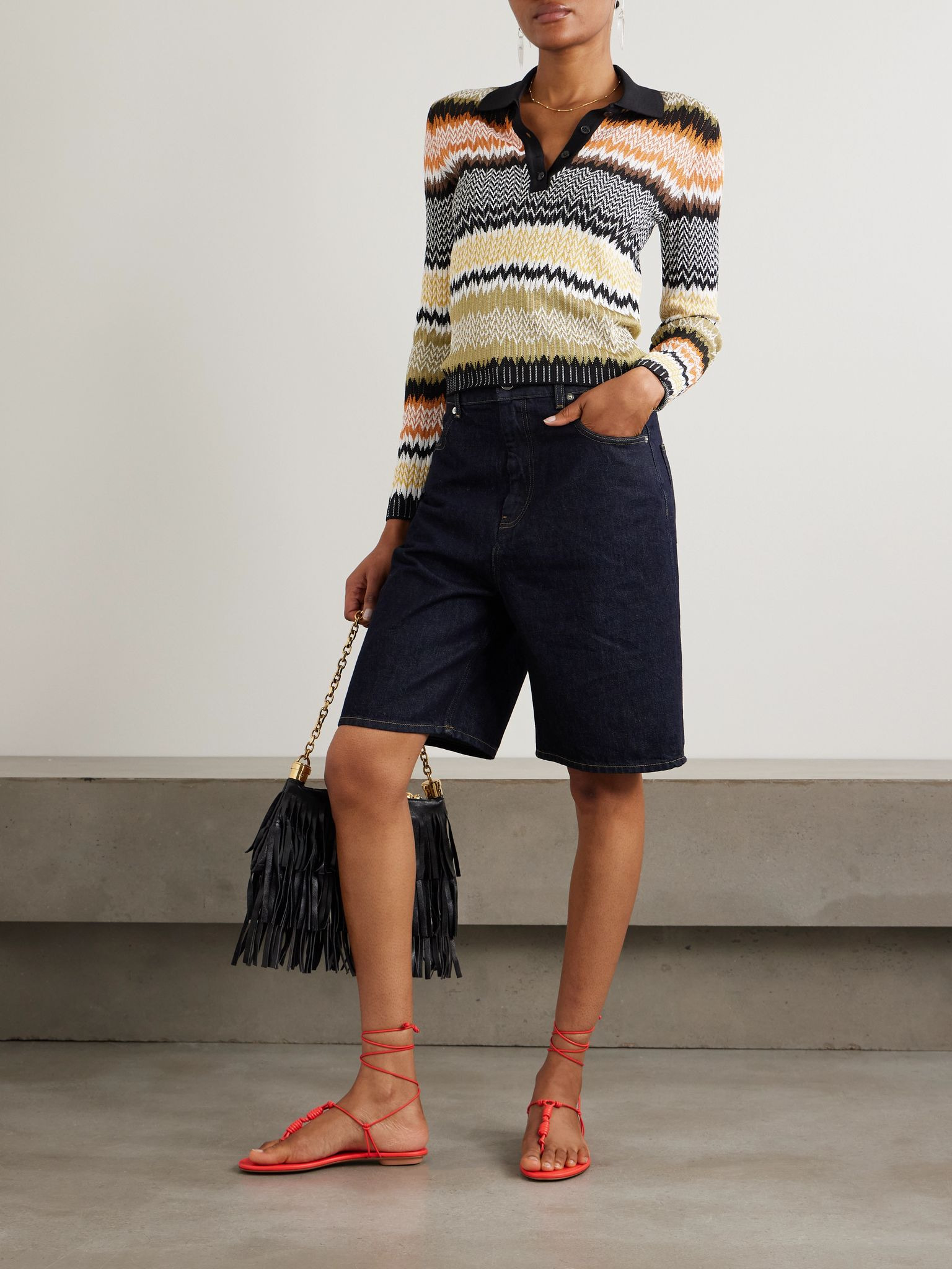 Striped crochet-knit polo shirt Black - 2