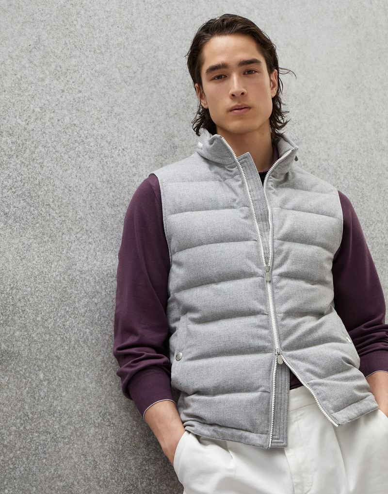 Wool, silk and cashmere bonded diagonal down vest with packable hood 4